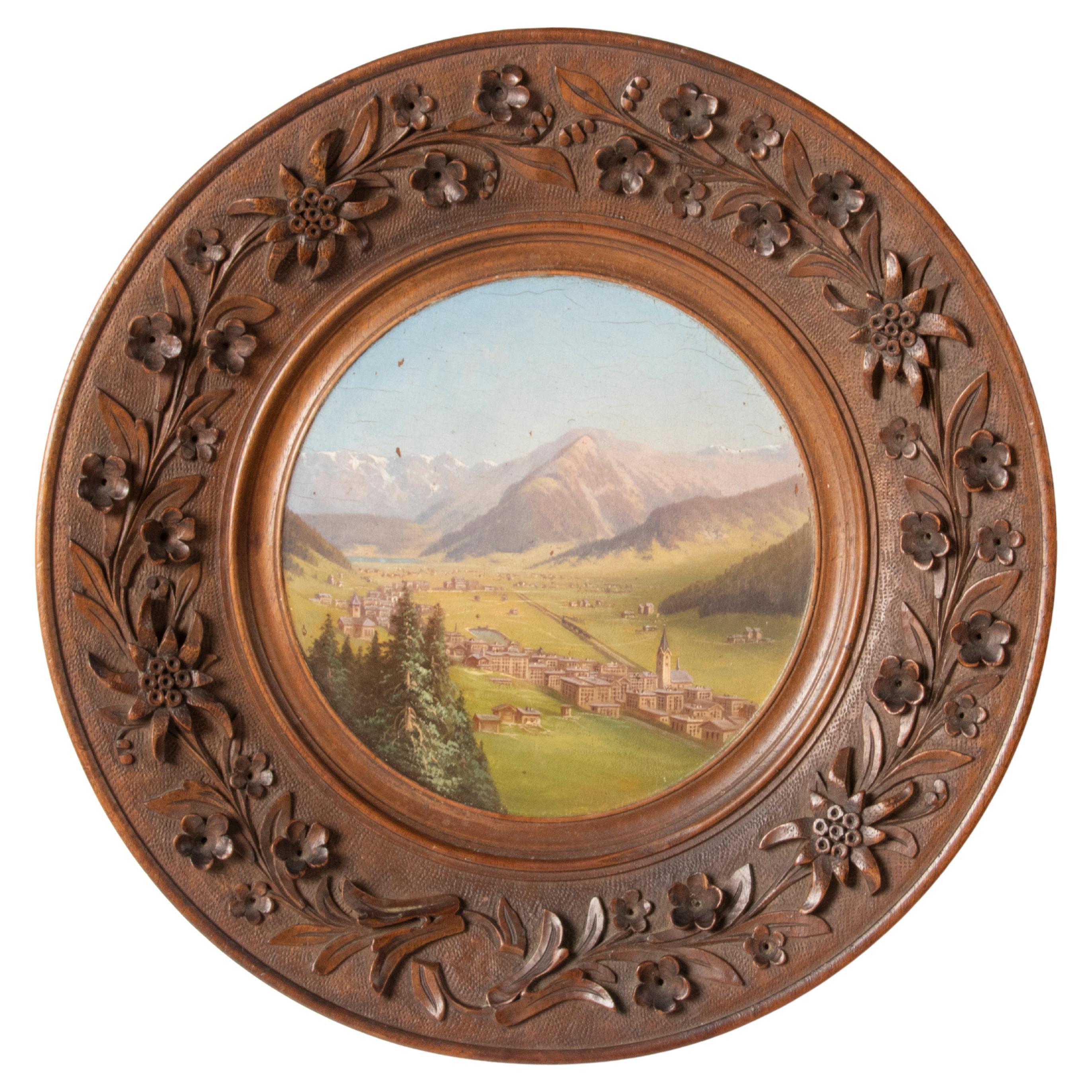 Late 19th Century Oil Painting Alpine Village Black Forest Carved Frame For Sale