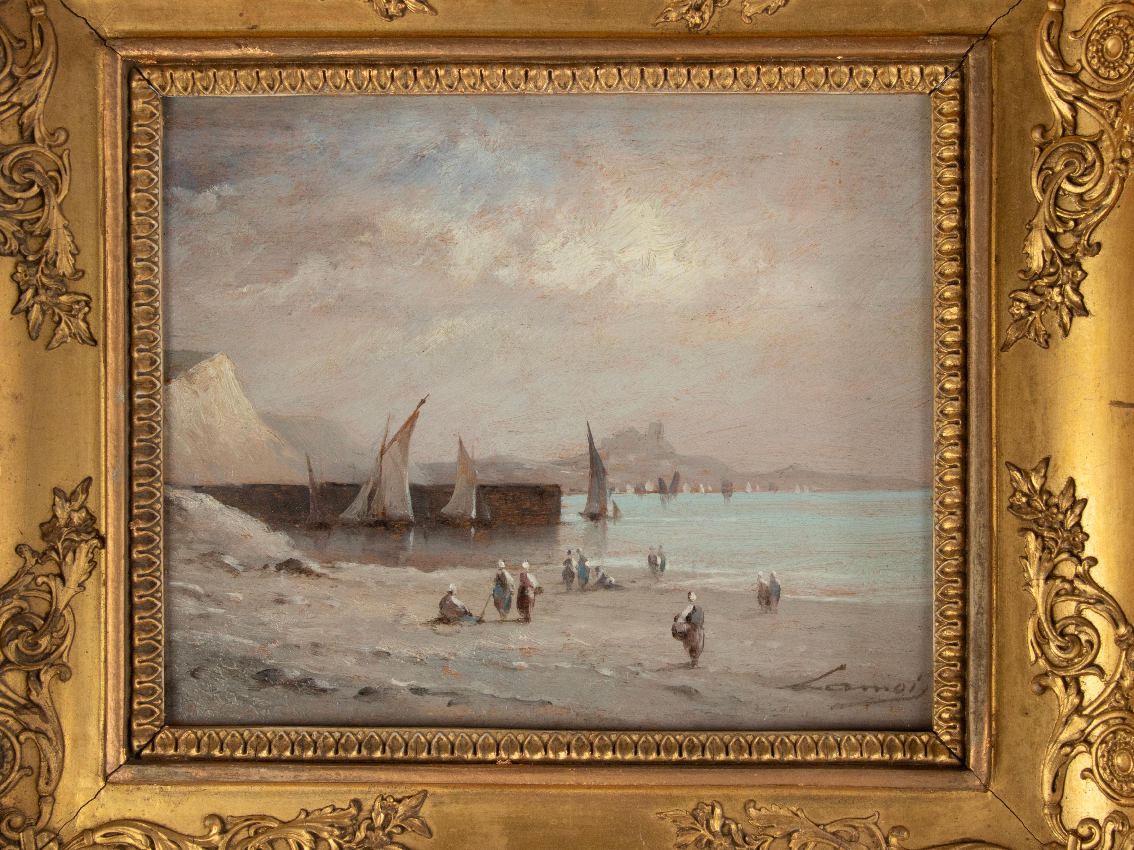 Late 19th Century Oil Painting Beech View with Fisher Boats by Lamoi 7