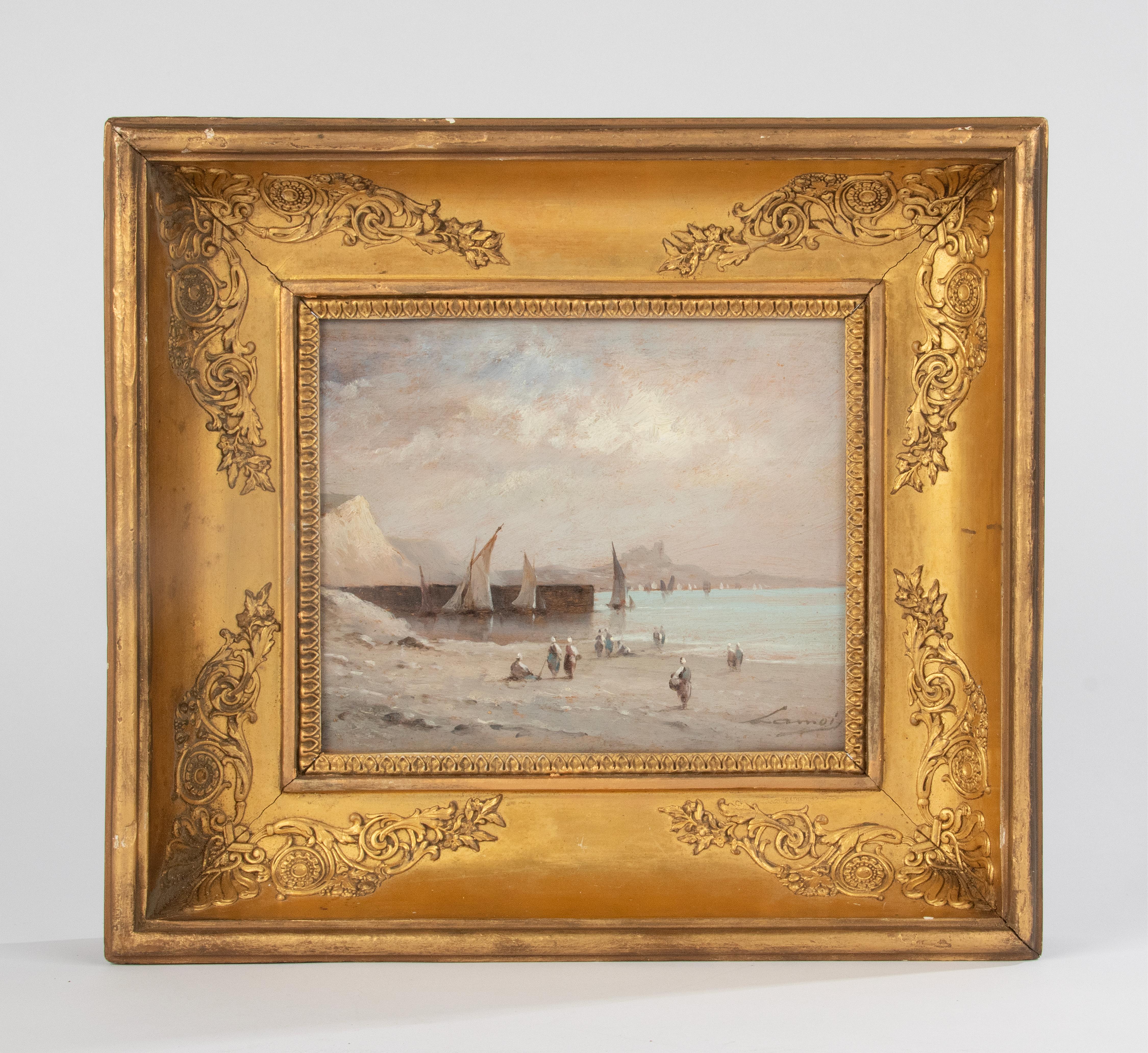 French Late 19th Century Oil Painting Beech View with Fisher Boats by Lamoi