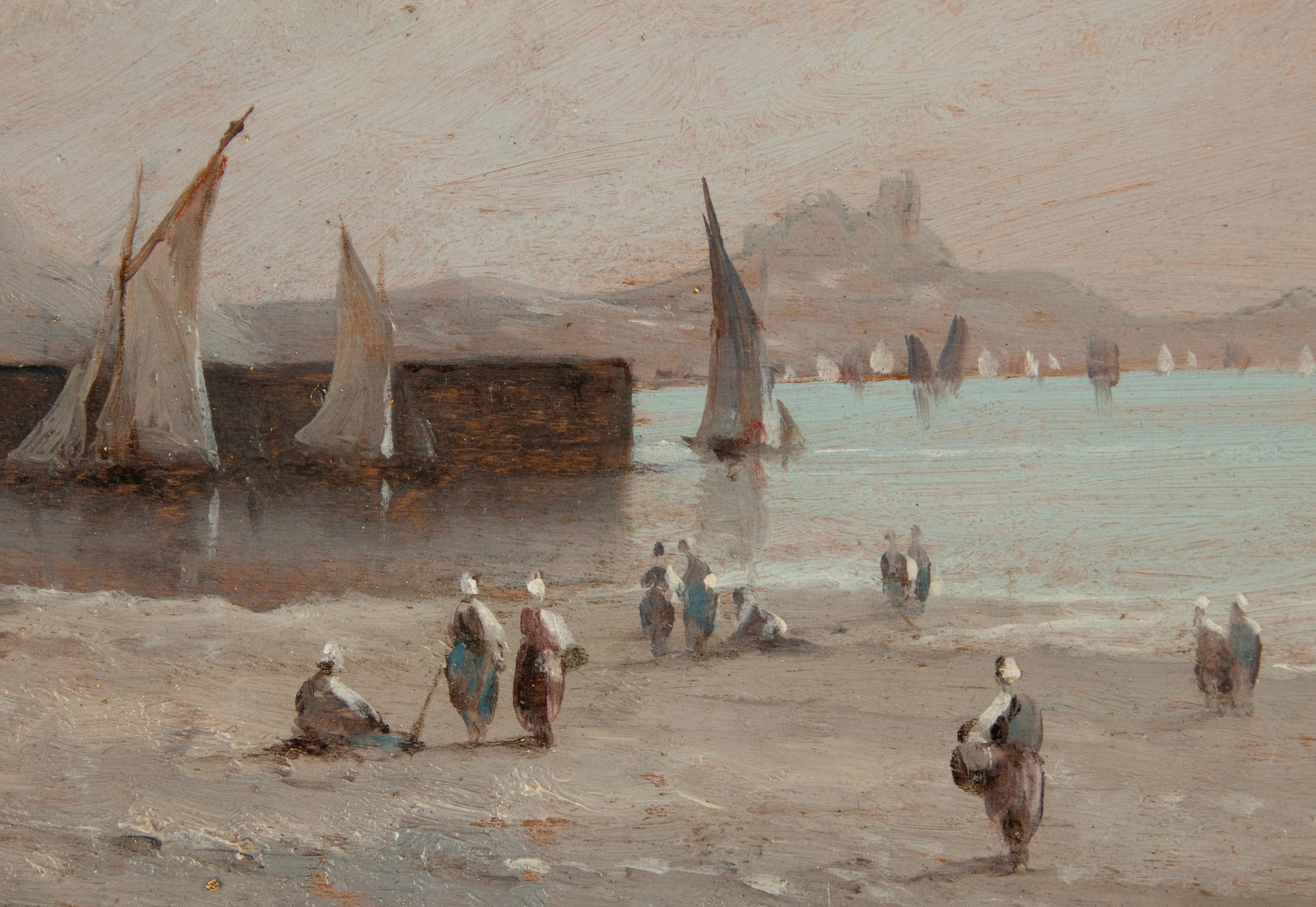 Ölgemälde Buchenansicht mit Fischerbooten aus dem späten 19. Jahrhundert von Lamoi im Zustand „Gut“ im Angebot in Casteren, Noord-Brabant