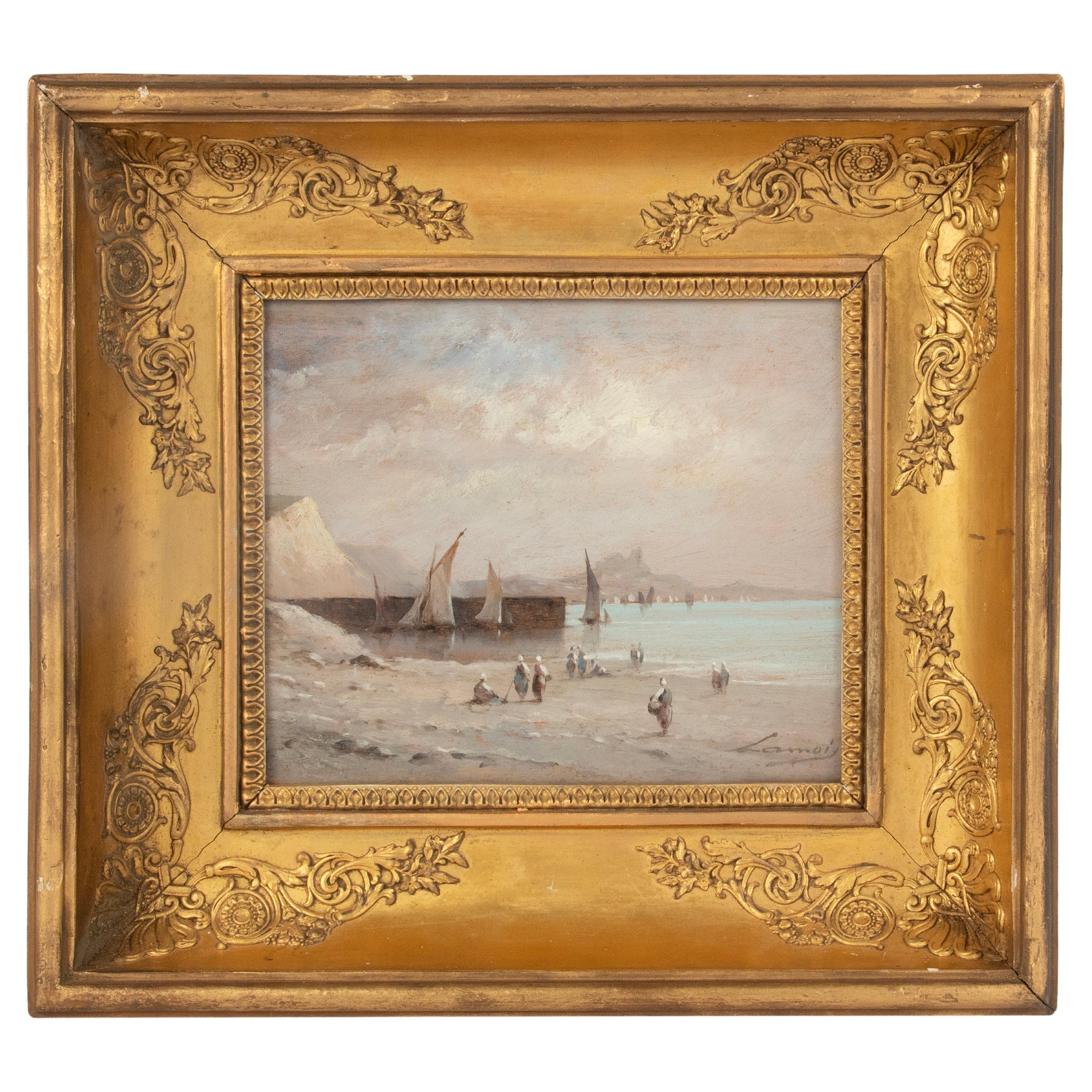 Late 19th Century Oil Painting Beech View with Fisher Boats by Lamoi For Sale