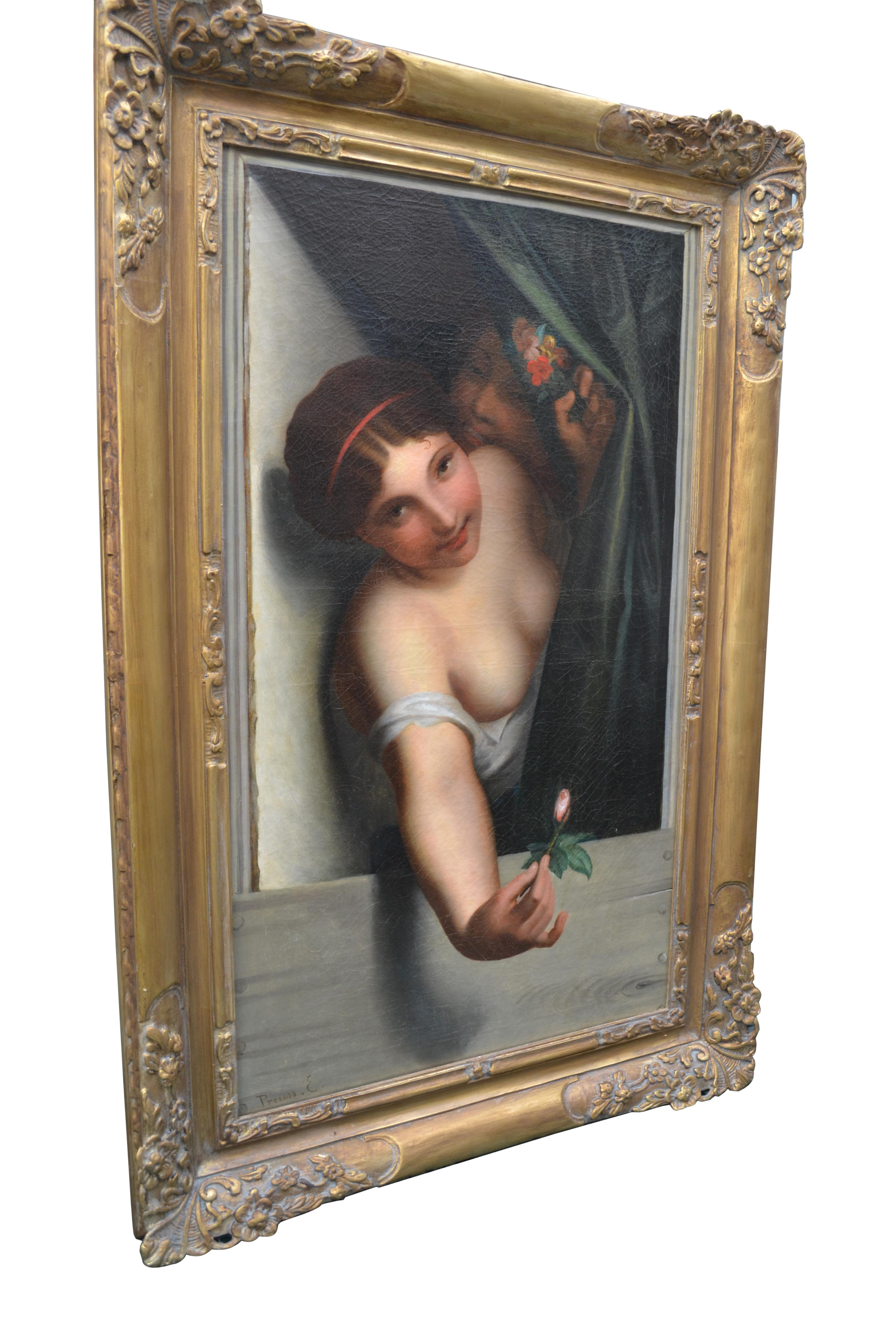A very suggestive oil painting of a beautiful bare breasted woman which could be a prostitute or a temptress leaning out a mindow offering a rose bud to an admirer, and seemingly encouraged to do the gesture be a woman half hidden behind the