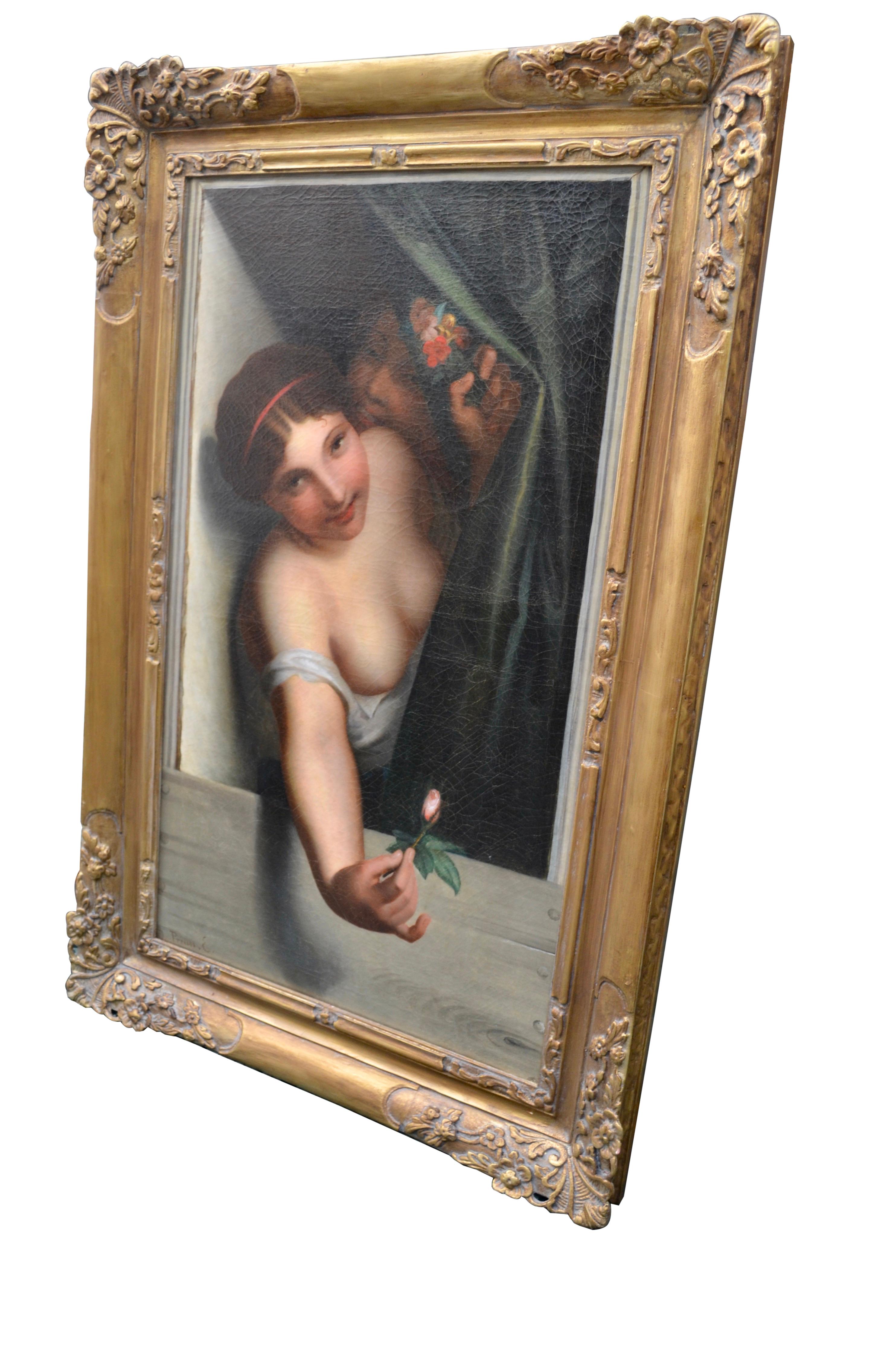 Romantic Late 19th Century Oil Painting Called ‘Le Bouton Rose’ by Emil Preuss For Sale