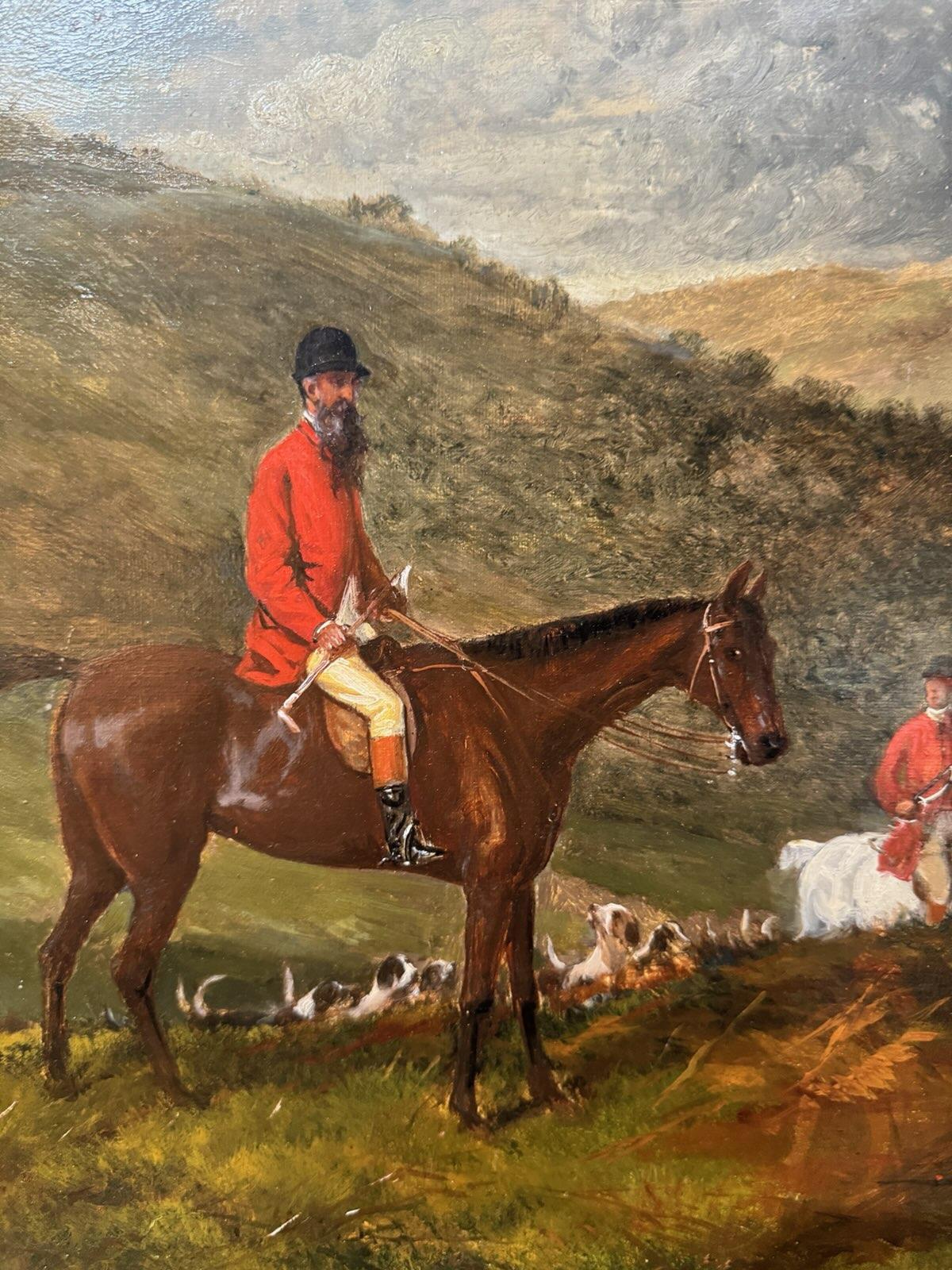 Peinture à l'huile de la fin du 19e siècle représentant une chasse au renard par George Earl. Jolie peinture représentant un homme royal à cheval dans son manteau de chasse rouge, avec des chiens courants et des collines derrière lui. Angleterre,