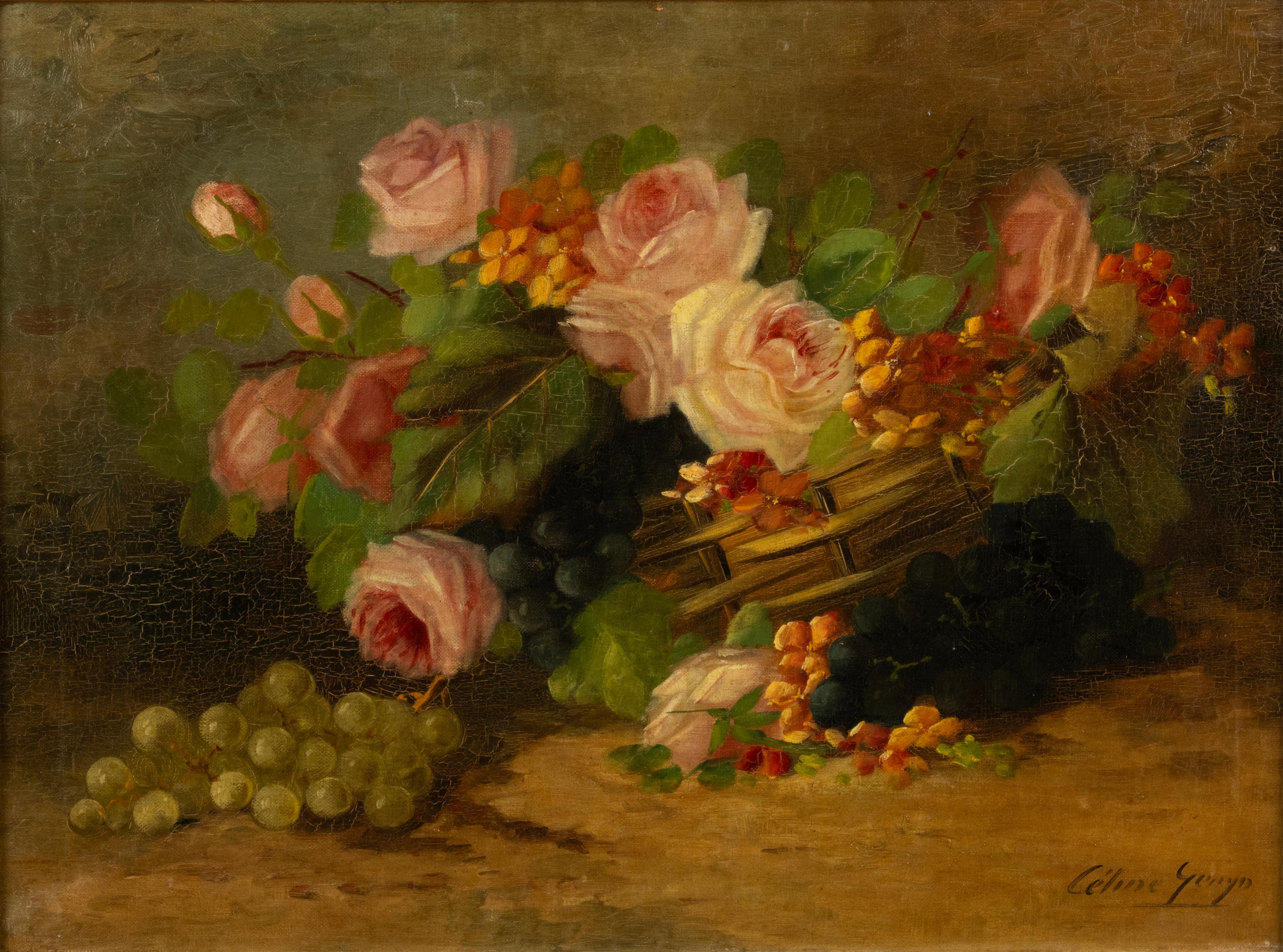 Un bellissimo dipinto a olio antico, una natura morta di fiori con rose in un cesto, realizzato dall'artista belga Célinge Genyn. 
È un dipinto d'atmosfera che cattura un momento tranquillo e senza tempo con una pennellata raffinata e una tavolozza