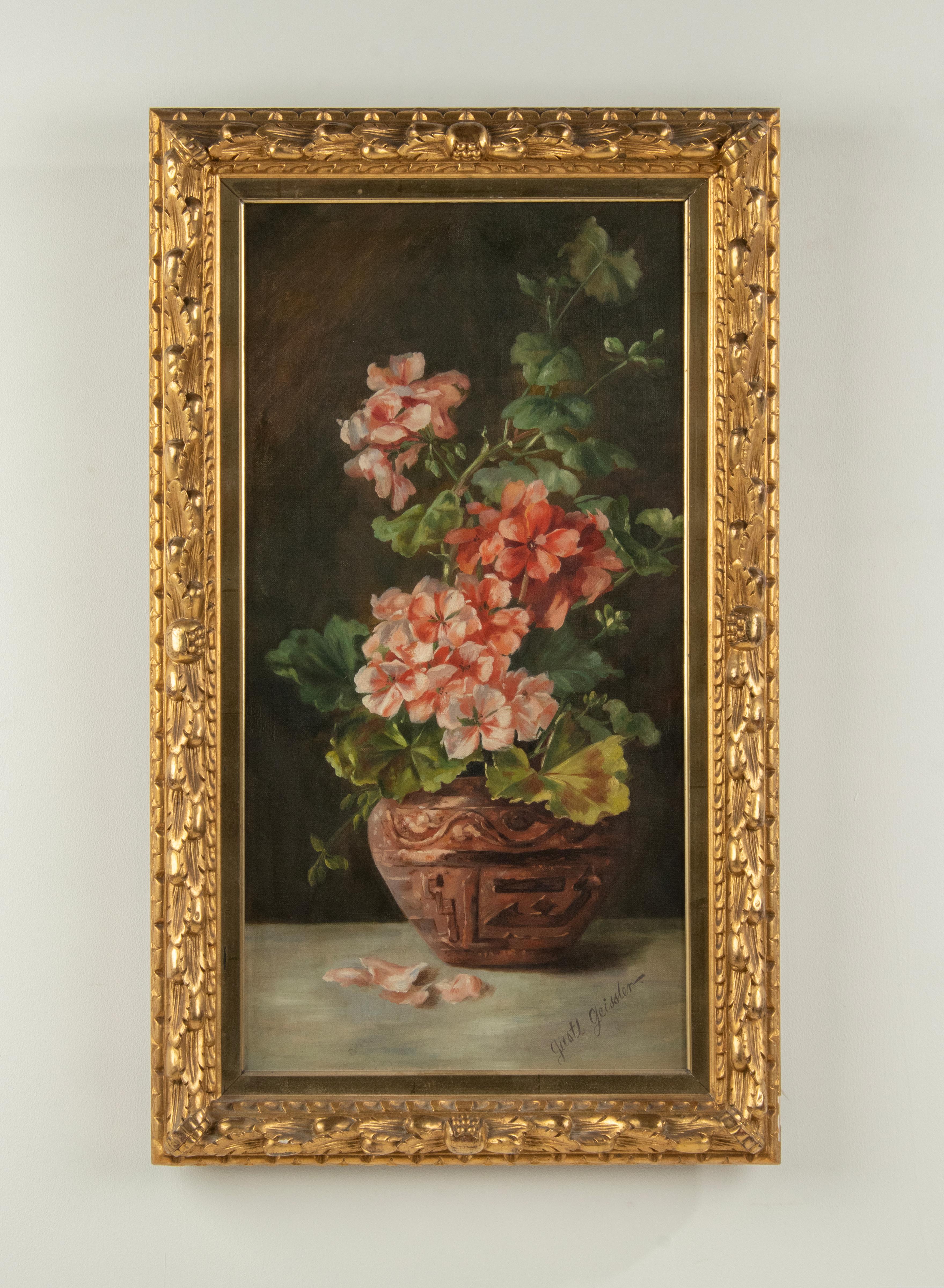 Belle Époque Late 19th Century Oil Painting Flower Still Life Geraniums by Gustl Geissler