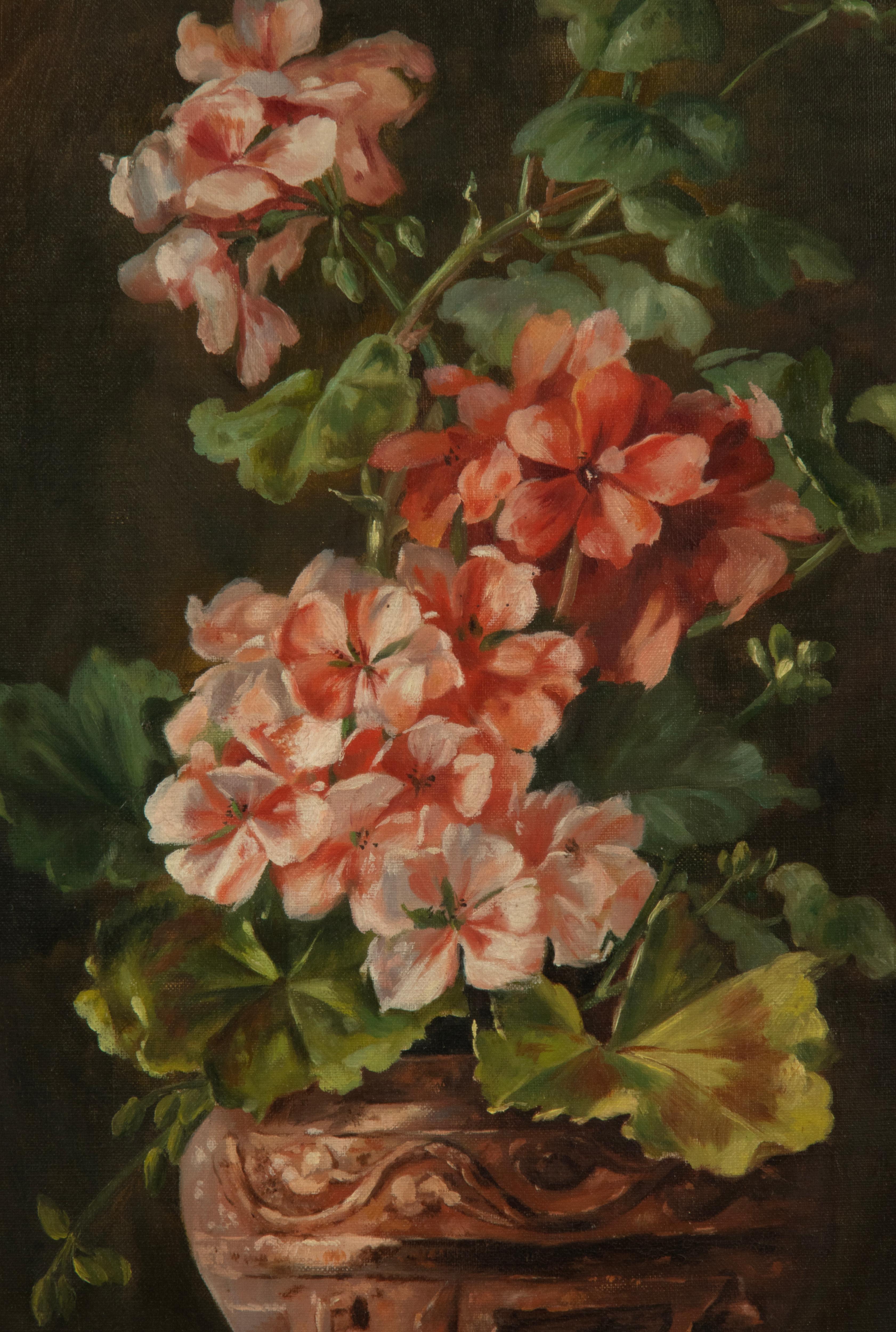 Hand-Painted Late 19th Century Oil Painting Flower Still Life Geraniums by Gustl Geissler