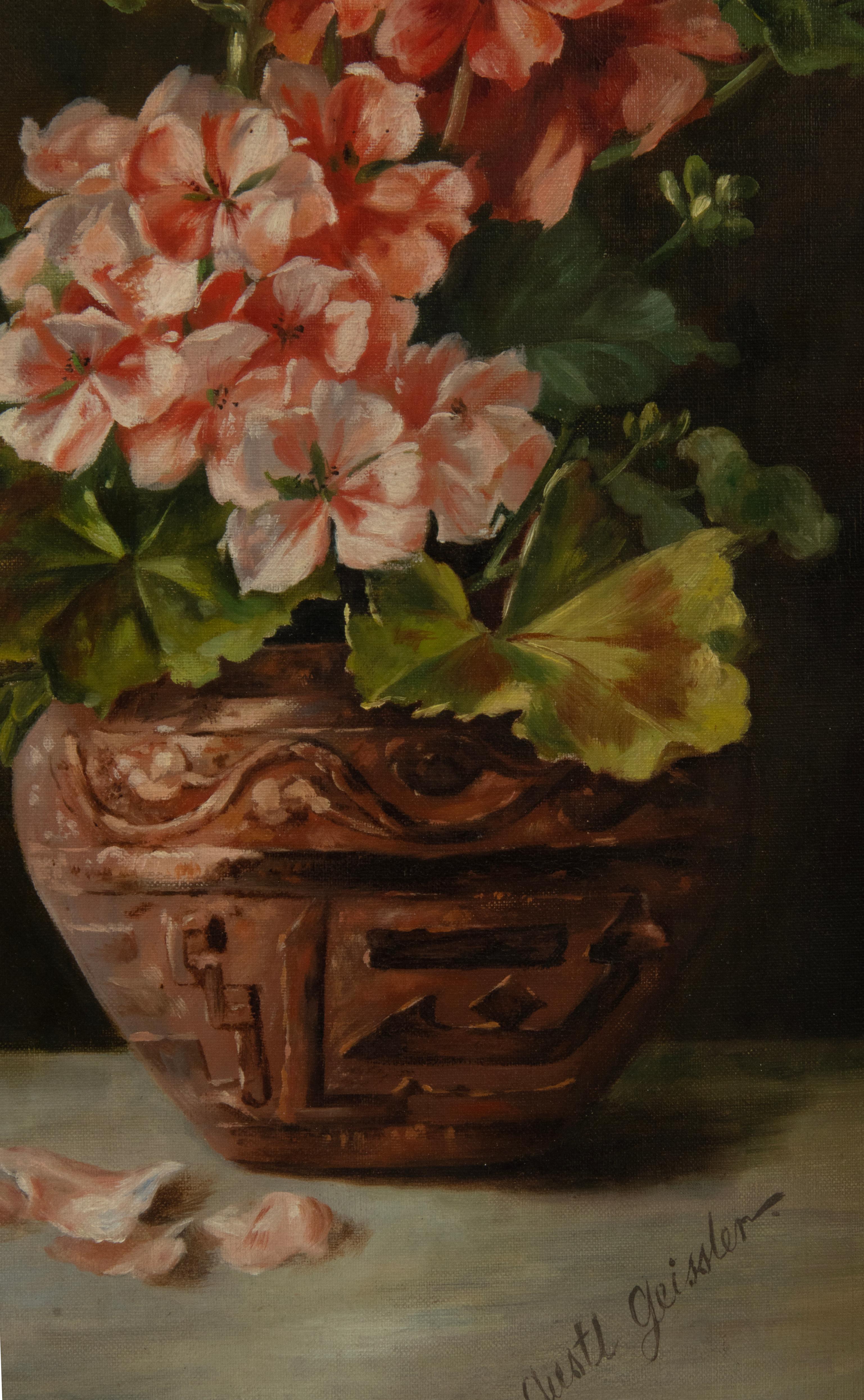 Late 19th Century Oil Painting Flower Still Life Geraniums by Gustl Geissler 2