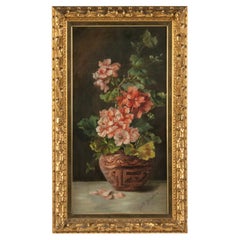 Antique Late 19th Century Oil Painting Flower Still Life Geraniums by Gustl Geissler