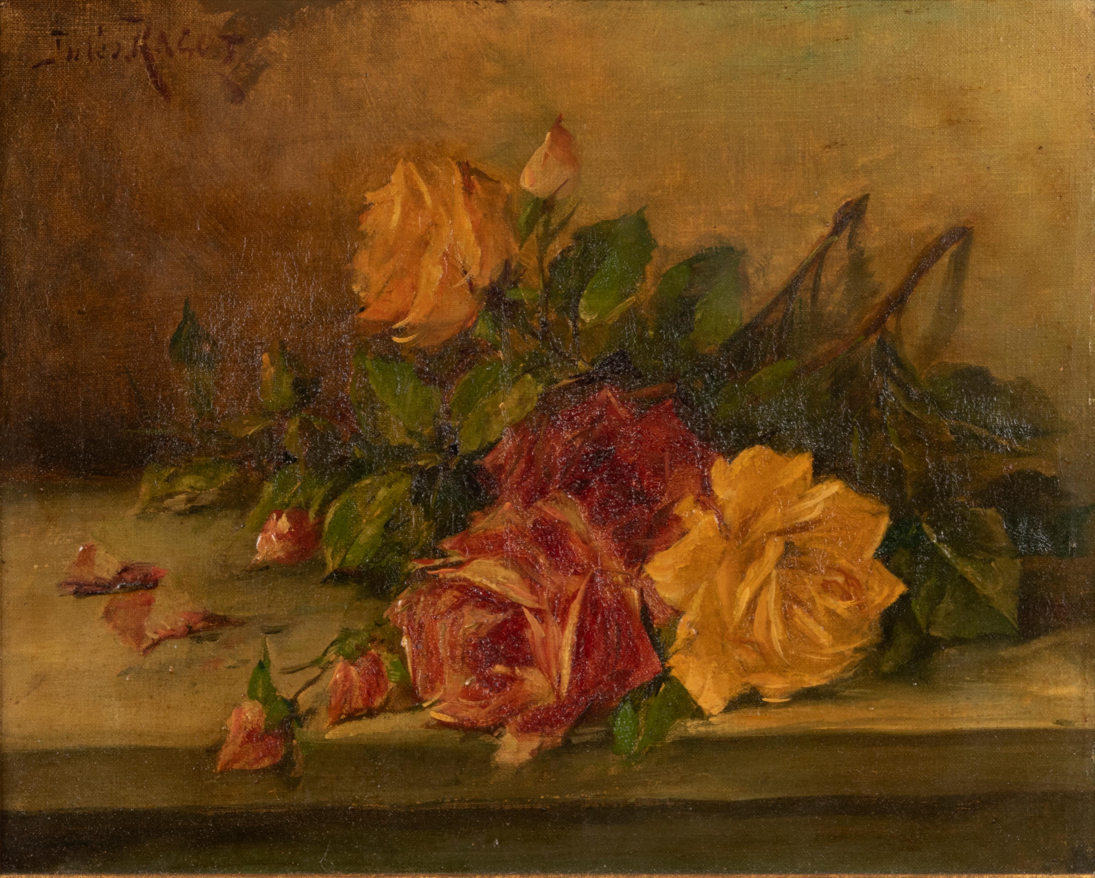 An antique painting of a flower still life with roses. Painted with oil paint on canvas. Gilded wooden frame.

Jules Félix Ragot. Belgium, 1835-1912. Ragot was a Belgian Painter, worked in Brussels. Painted mainly flowers. Exhibited at the