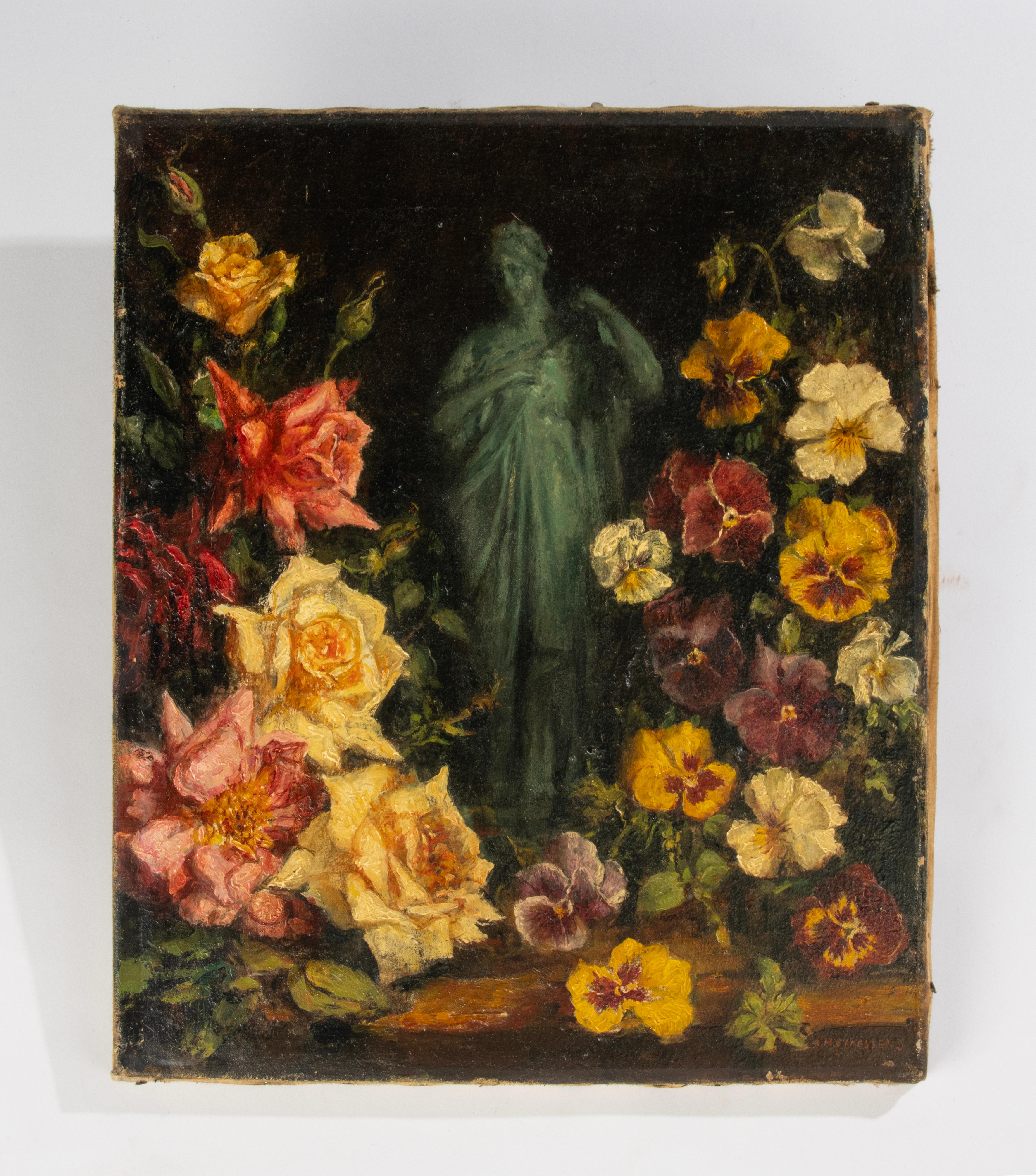 A beautiful antique oil painting, a still life with flowers and a sculpture. 
The painting is in good condition. Sold without frame. 
The painting is signed K.M. Claessens. 

Karel Martin Claessens (Antwerp 1864 - Antwerp 1938) was a painter. Had a