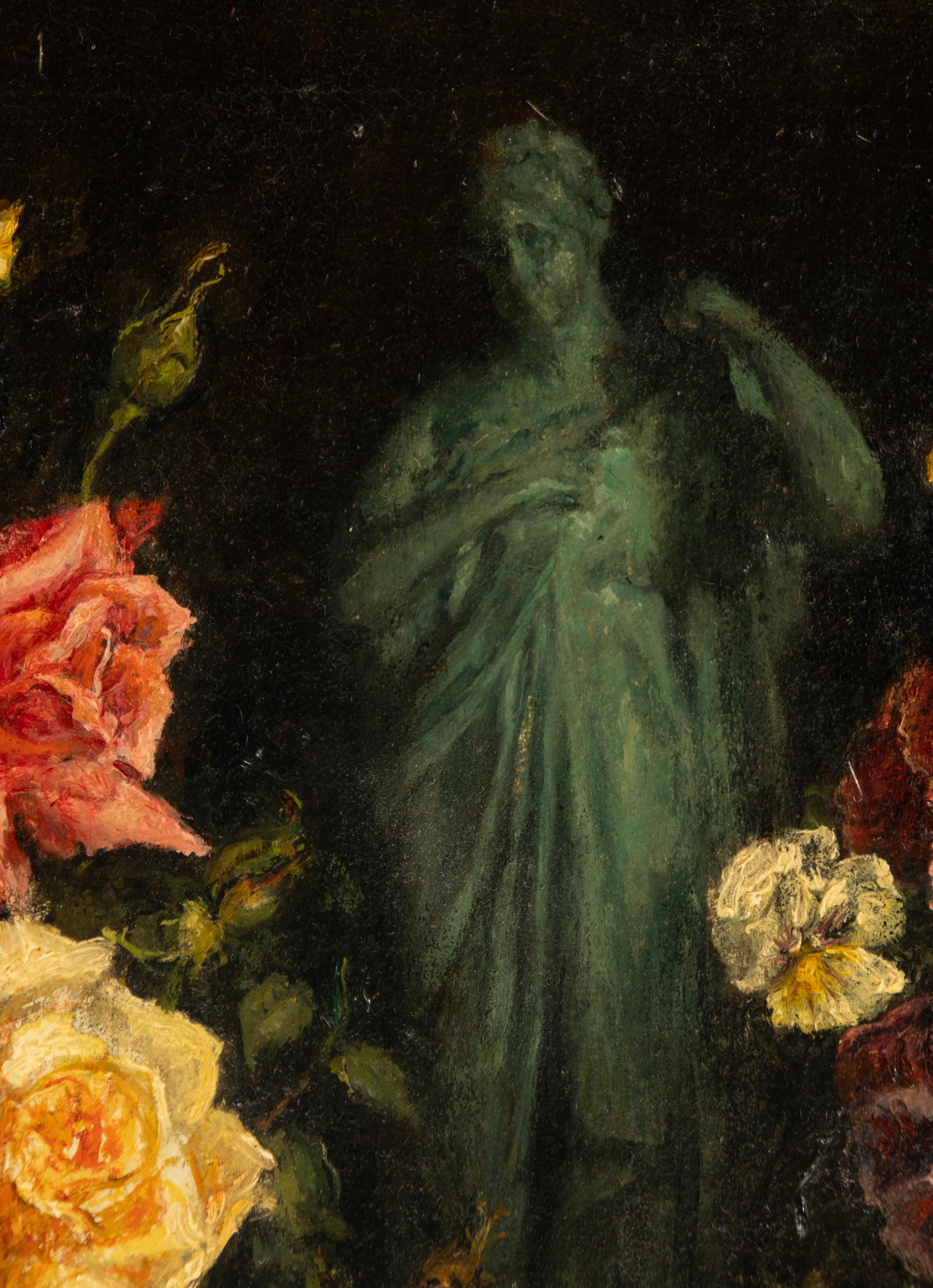 Belle Époque Late 19th Century Oil Painting - Flowers with Sculpture - Karel Martin Claessens For Sale