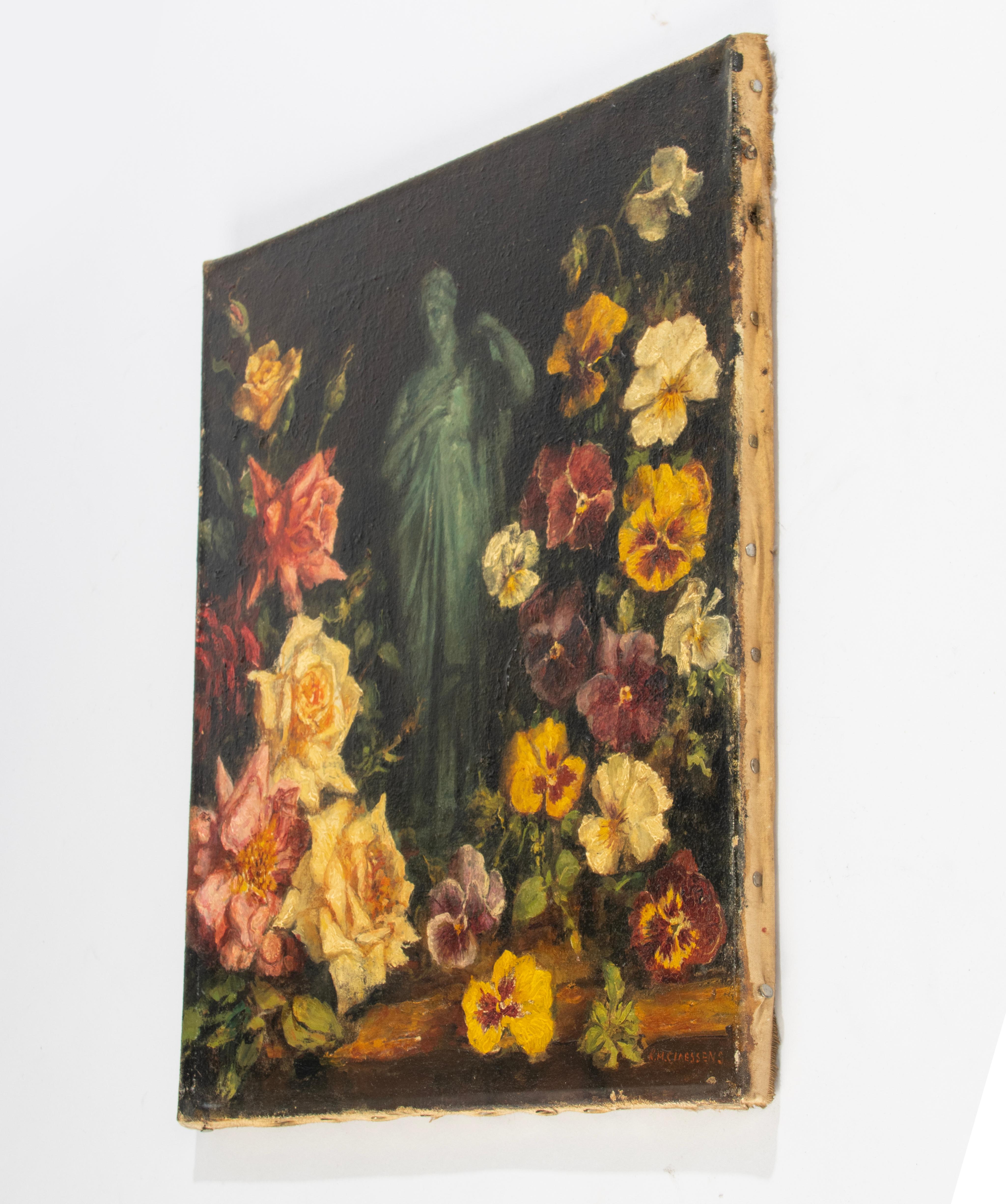 Hand-Painted Late 19th Century Oil Painting - Flowers with Sculpture - Karel Martin Claessens For Sale