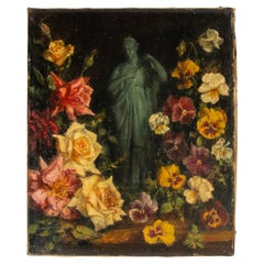 Pittura ad olio della fine del XIX secolo - Fiori con scultura - Martine Claessens