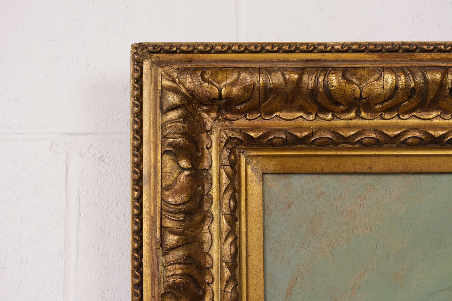 Hand-Carved Late 19th Century River Landscape Oil Painting with Giltwood Frame For Sale
