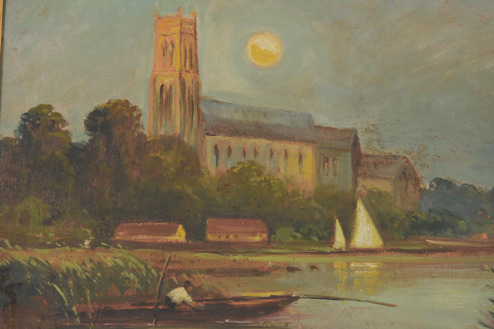 Peinture à l'huile d'un paysage fluvial de la fin du 19e siècle avec cadre en bois doré Bon état - En vente à Los Angeles, CA