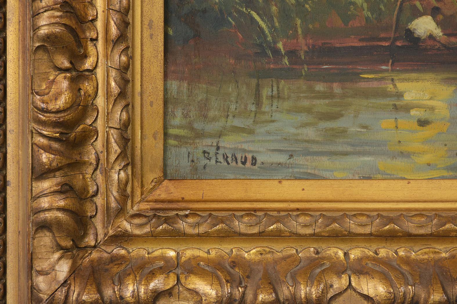 Milieu du XIXe siècle Peinture à l'huile d'un paysage fluvial de la fin du 19e siècle avec cadre en bois doré en vente