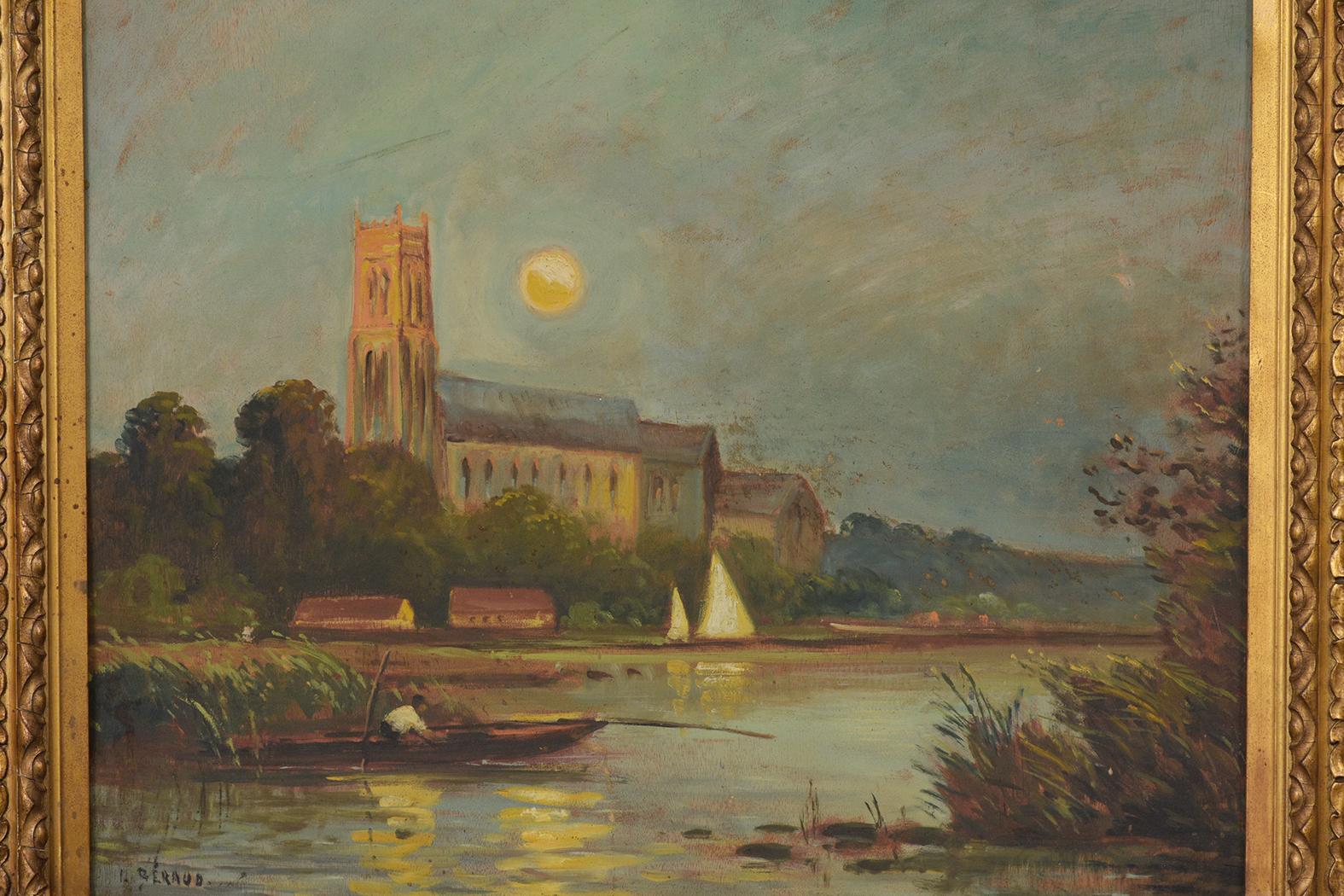 Peinture à l'huile d'un paysage fluvial de la fin du 19e siècle avec cadre en bois doré en vente 1