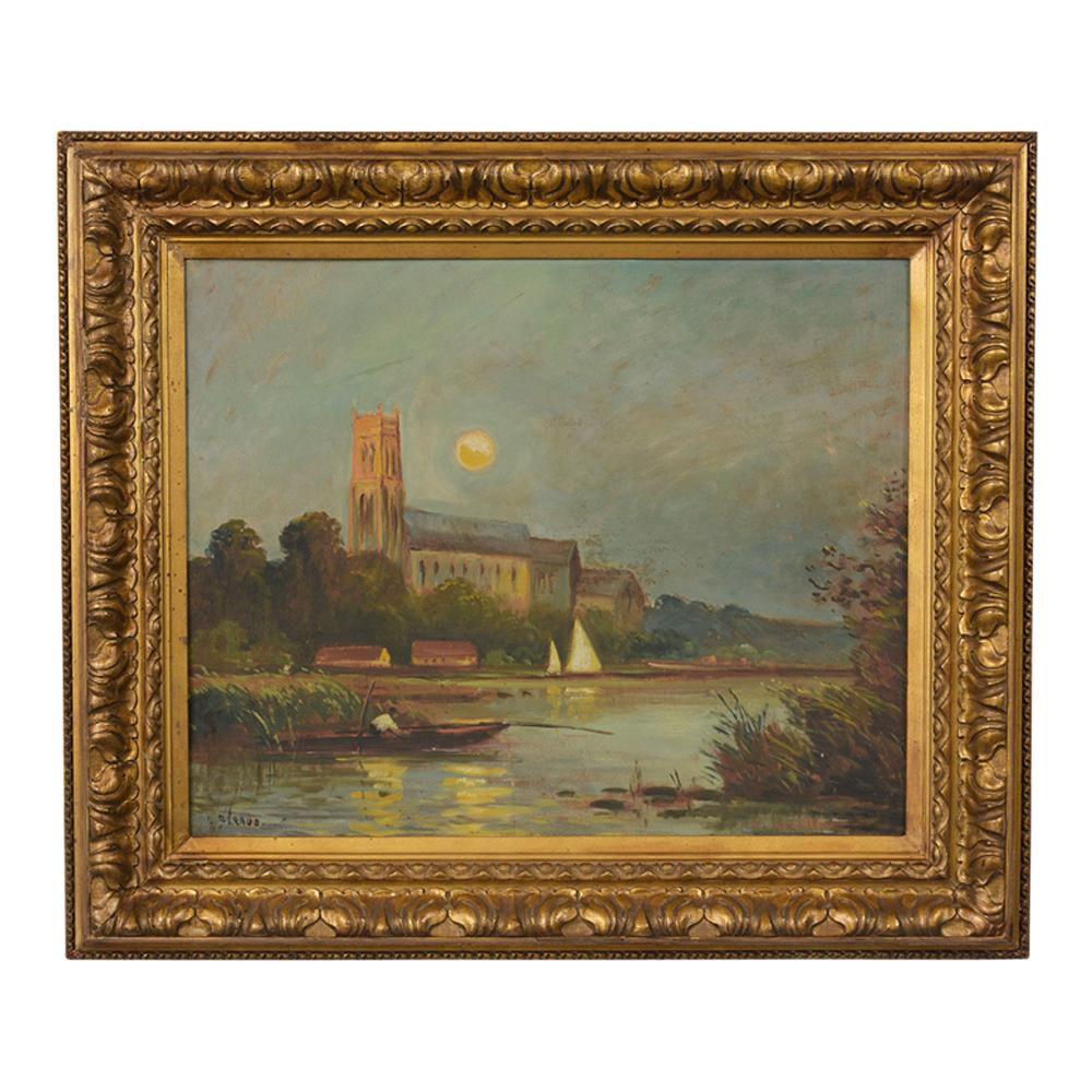 Peinture à l'huile d'un paysage fluvial de la fin du 19e siècle avec cadre en bois doré