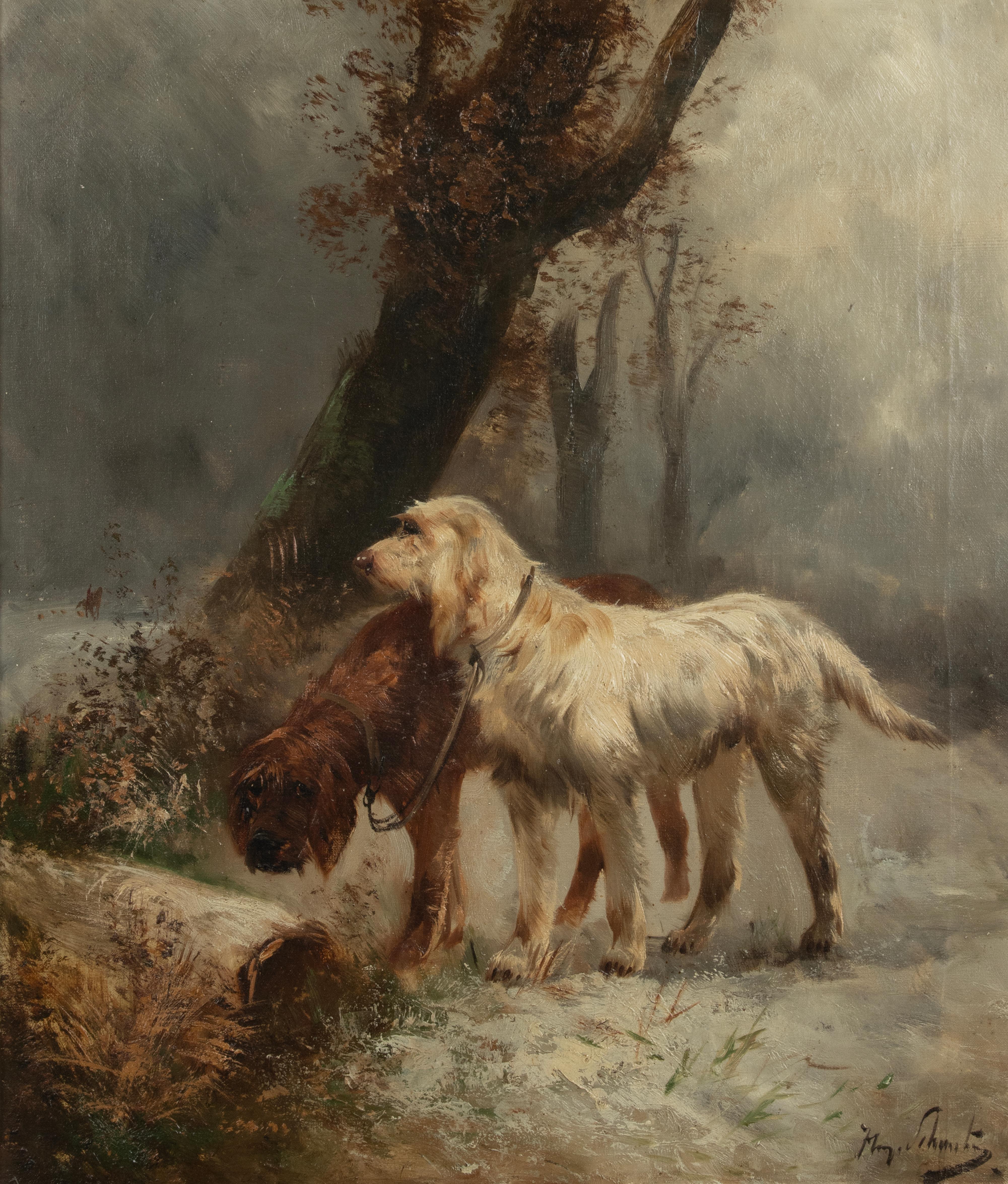 A refined antique oil paining with two hunting dogs in a winter landscape. Signed right under: Henry Schouten

Henry Schouten (Belgium 1857-1927) was a Belgian painter who is best known as an animal and landscape painter. He also used the pseudonym