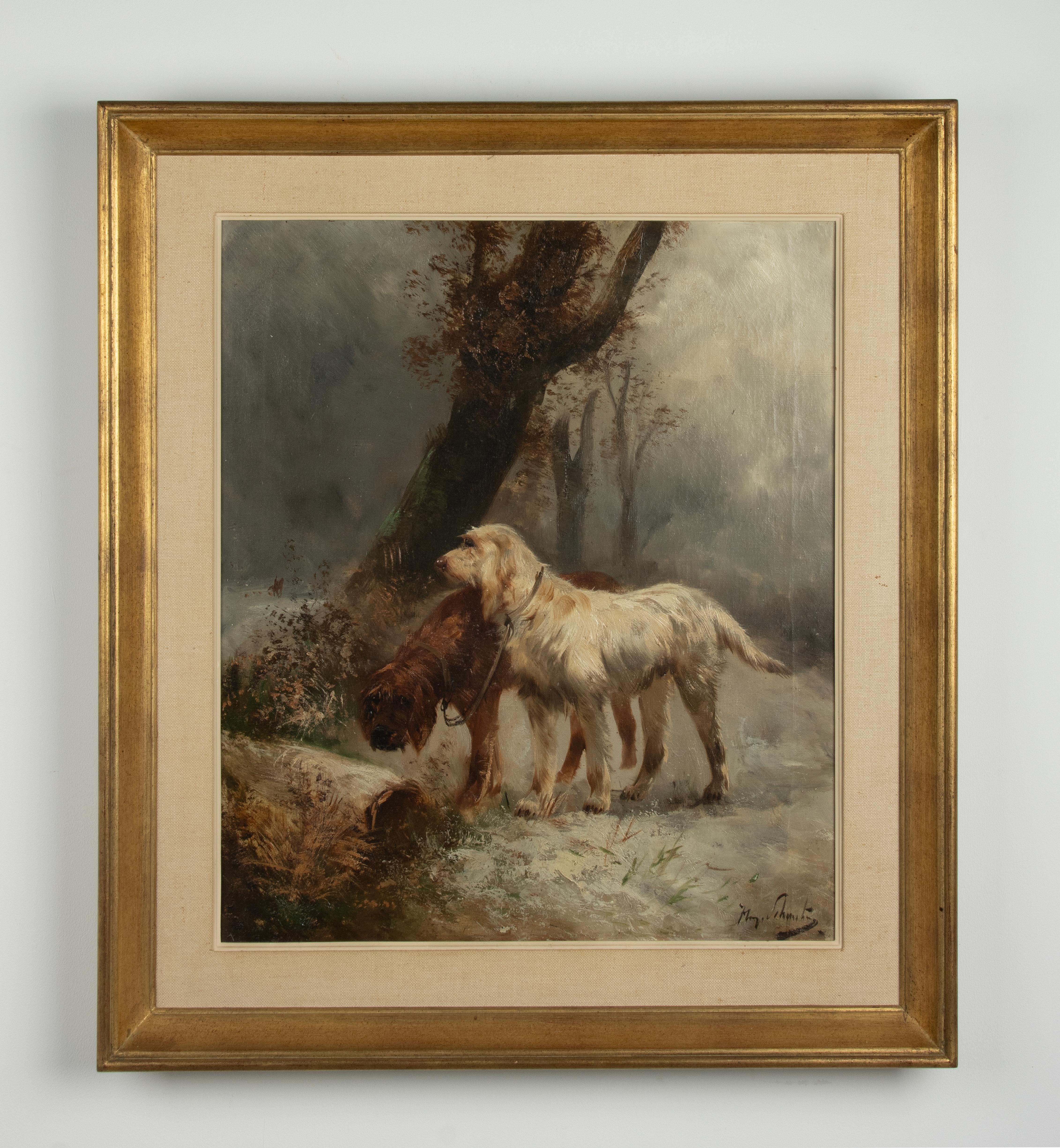 Belgian Late 19th Century Oil painting Hunting dogs by Henry Schouten