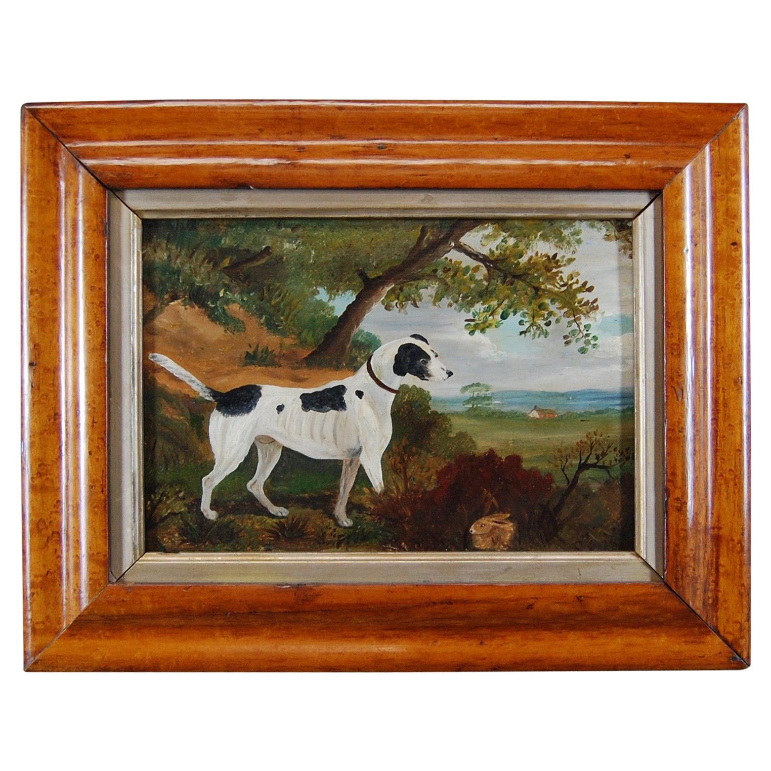 Late 19th Century Oil Painting Naive English Jack Russel and Rabbit