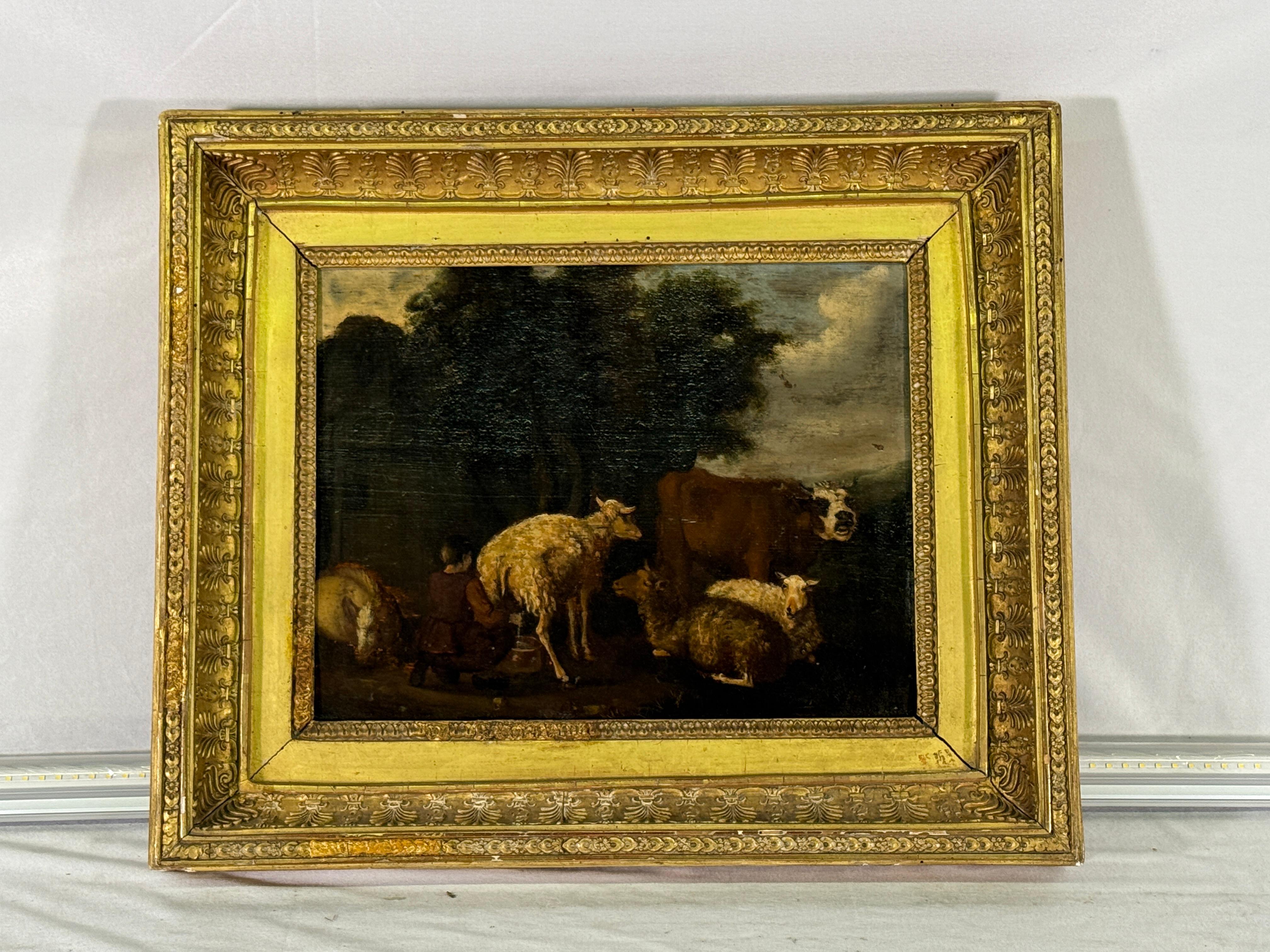 Late 19th Century Oil Painting of Sheep & Shepherd - By James Desvarreux 
(1847-1937) Beautiful painting purchased in France. Age appropriate wear, see detailed photos or message us with questions. 

Inside Frame Dimensions: Height 23.75