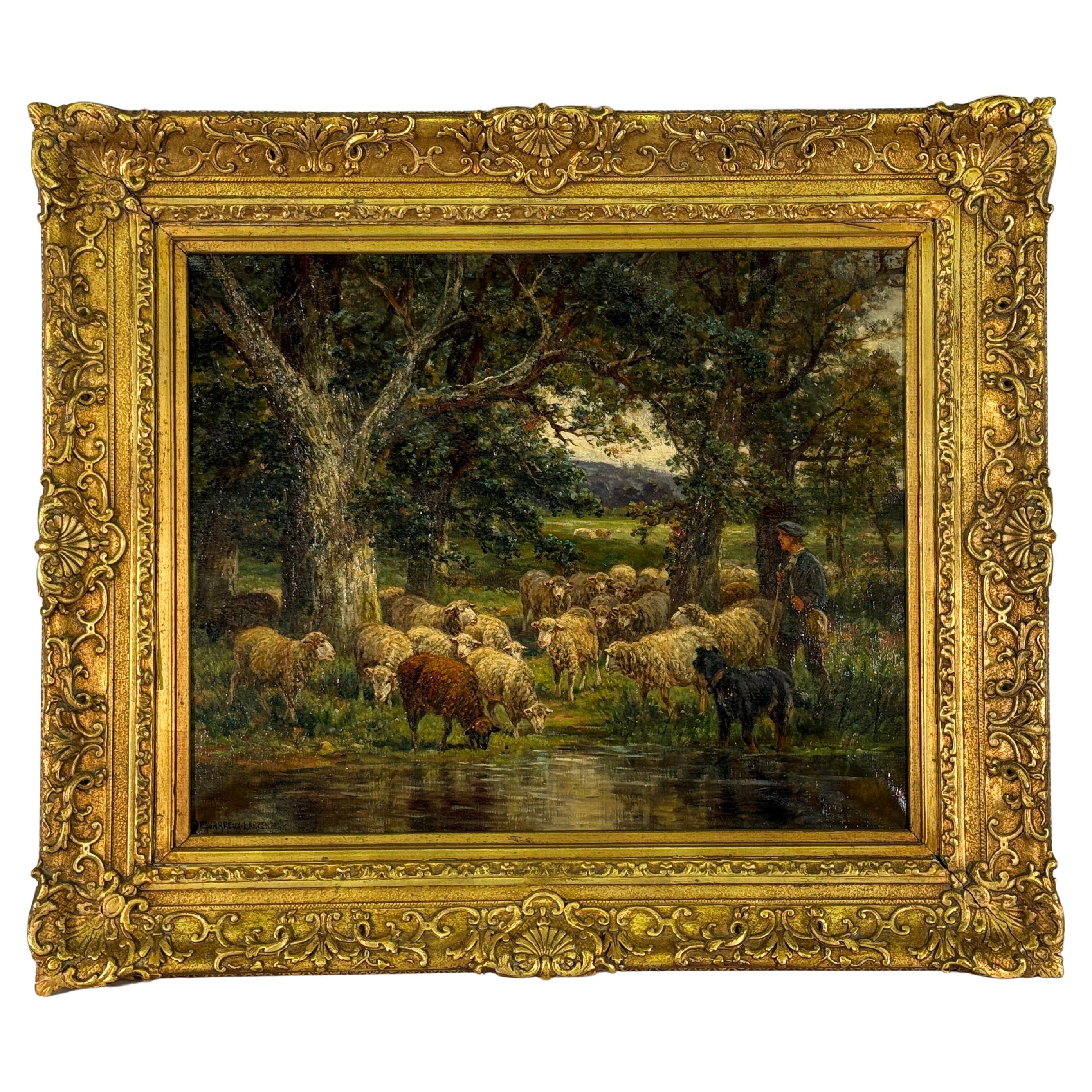 Late 19th Century Oil Painting of Sheep & Shepherd - By James Desvarreux