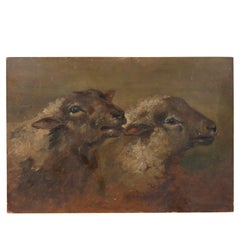 Late 19th Century Oil Painting of Sheeps on Wooden Panel Dated 1891