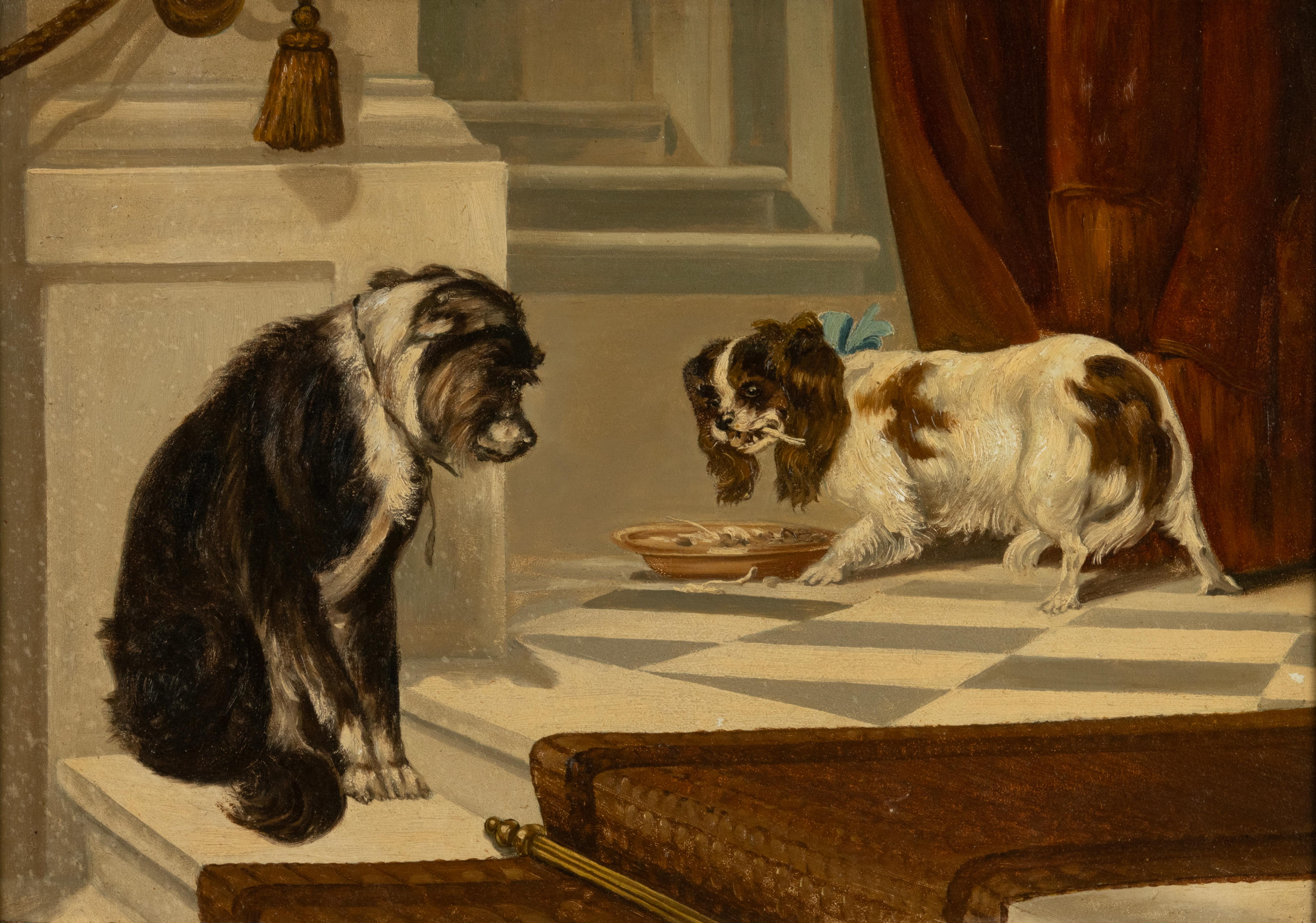 A beautiful antique painting with a scene of two dogs.
Oil on wood panel.
The painting is framed in a classic gold-coloured wooden frame.
The painting is unsigned, maker unknown.
Estimated age and origin: France, late 19th century.
The painting