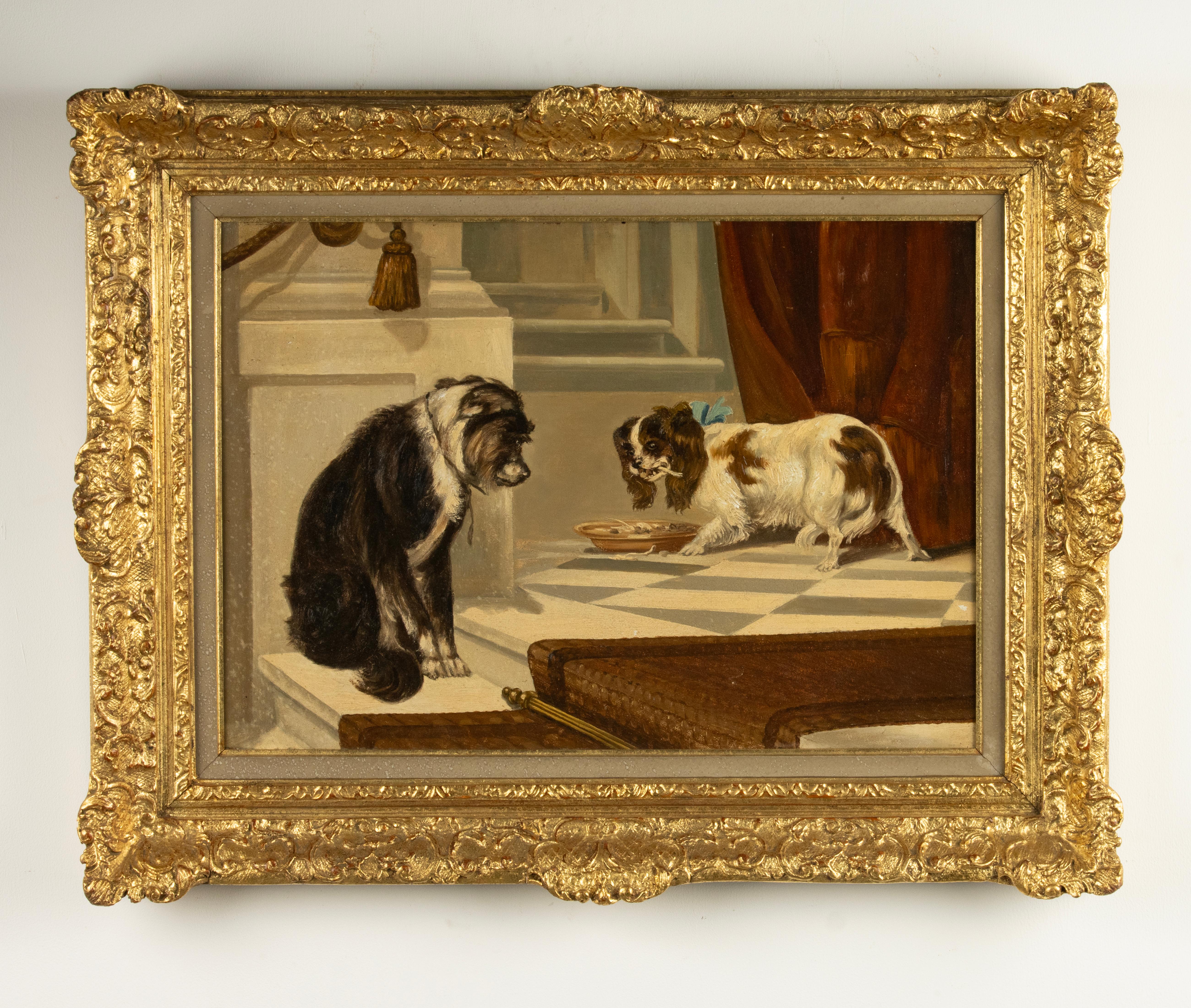 Belle Époque Late 19th Century Oil Painting of Two Dogs King Charles Spaniel For Sale