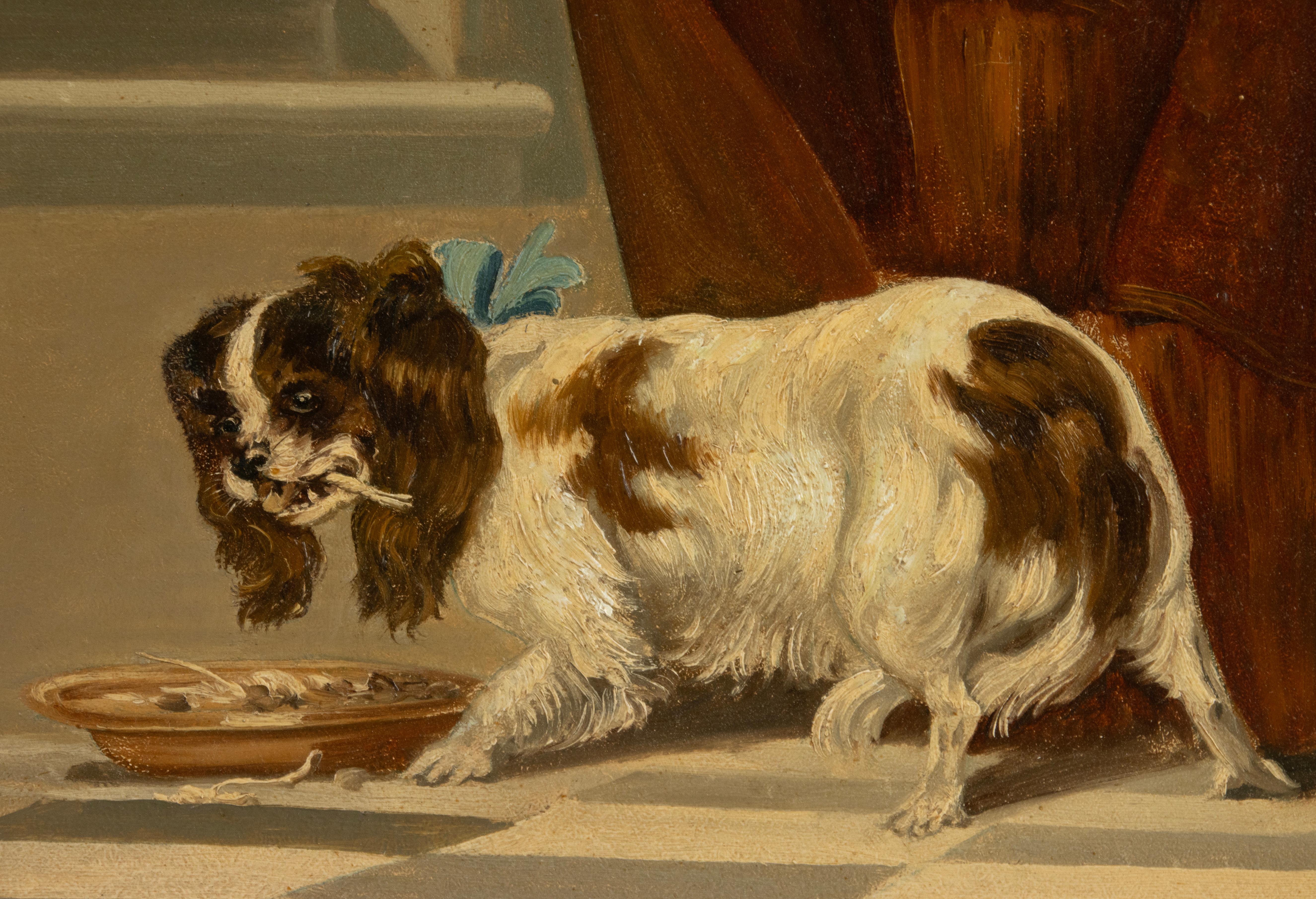French Late 19th Century Oil Painting of Two Dogs King Charles Spaniel For Sale