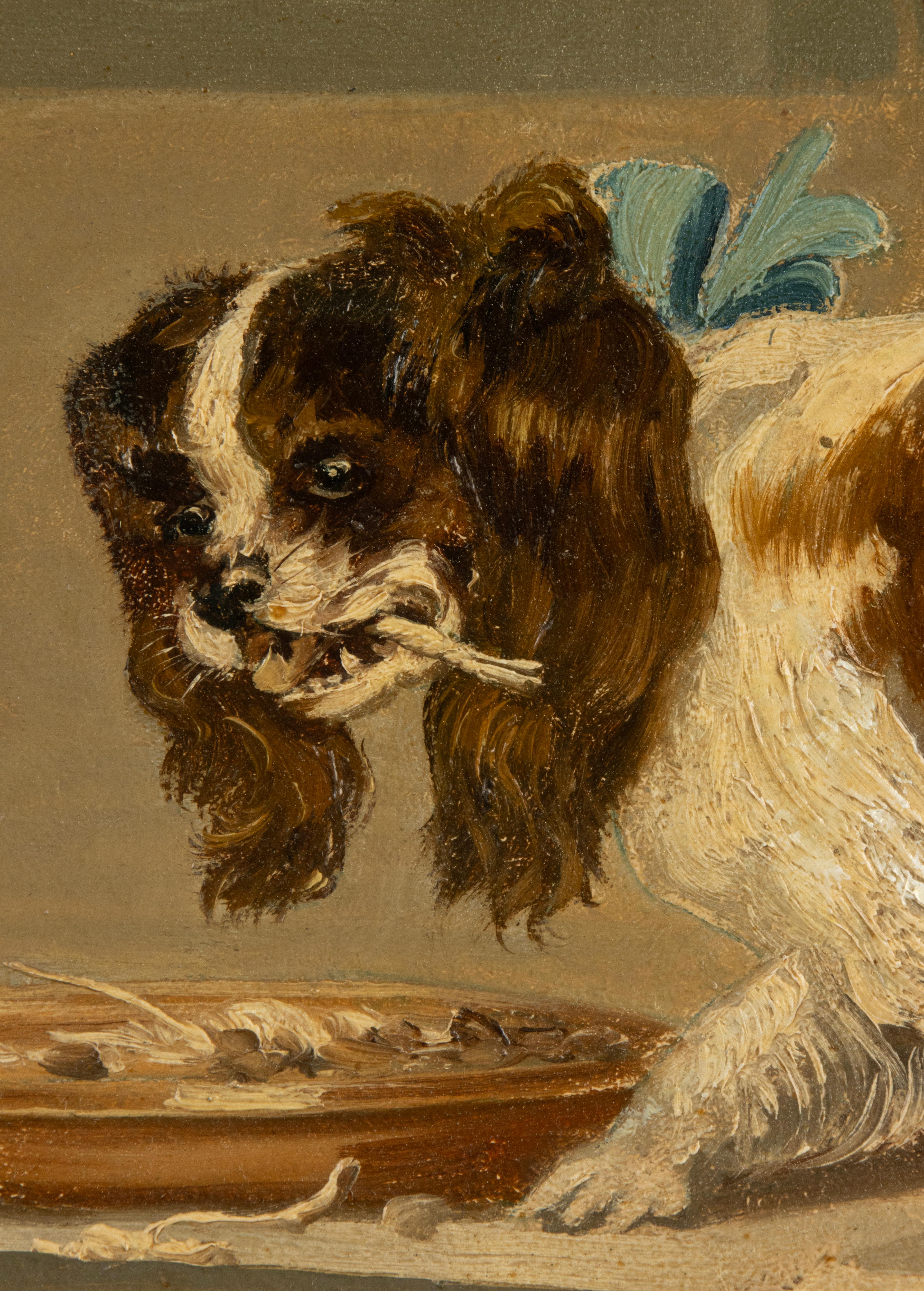 Wood Late 19th Century Oil Painting of Two Dogs King Charles Spaniel For Sale