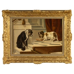 Pittura a olio della fine del XIX secolo raffigurante due cani King Charles Spaniel