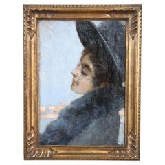 Dipinto a olio su tela della fine del XIX secolo, Ragazza con cappello, Giovanni Beltrami