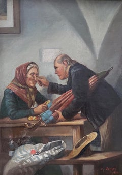 Late 19th Century Oil Painting "Peeling Apples" by Crisson, circa 1899
