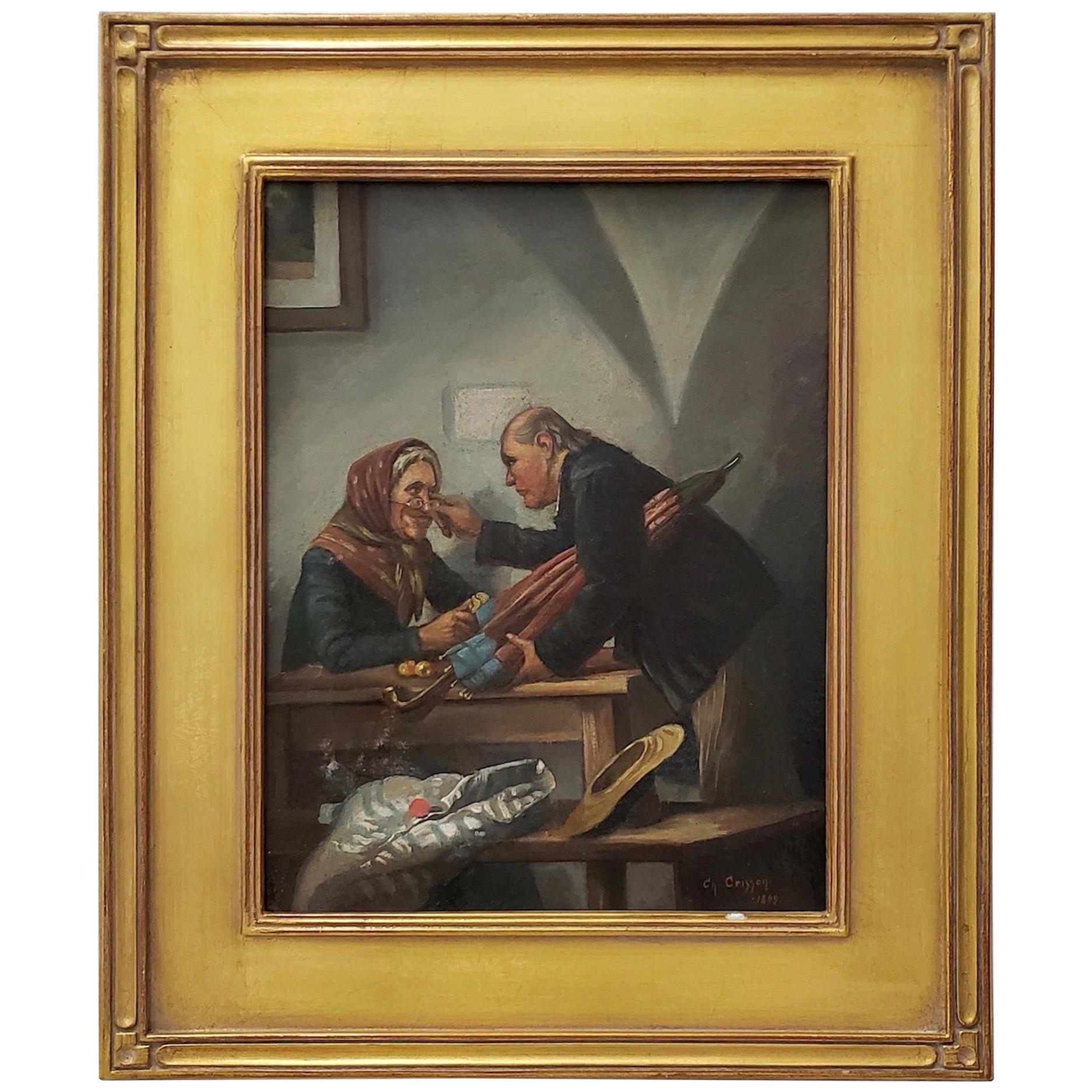 Late 19th Century Oil Painting "Peeling Apples" by Crisson, circa 1899 For Sale