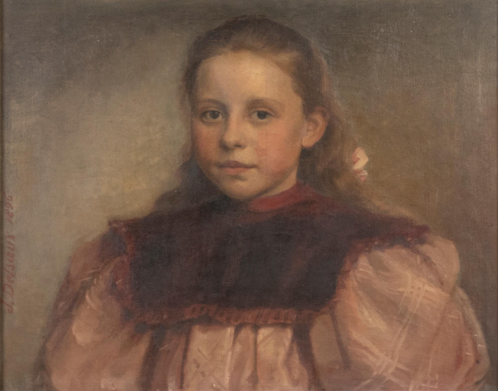 Belge Peinture à l'huile de la fin du 19e siècle Portrait d'une jeune fille par Jérémie Delsaux en vente