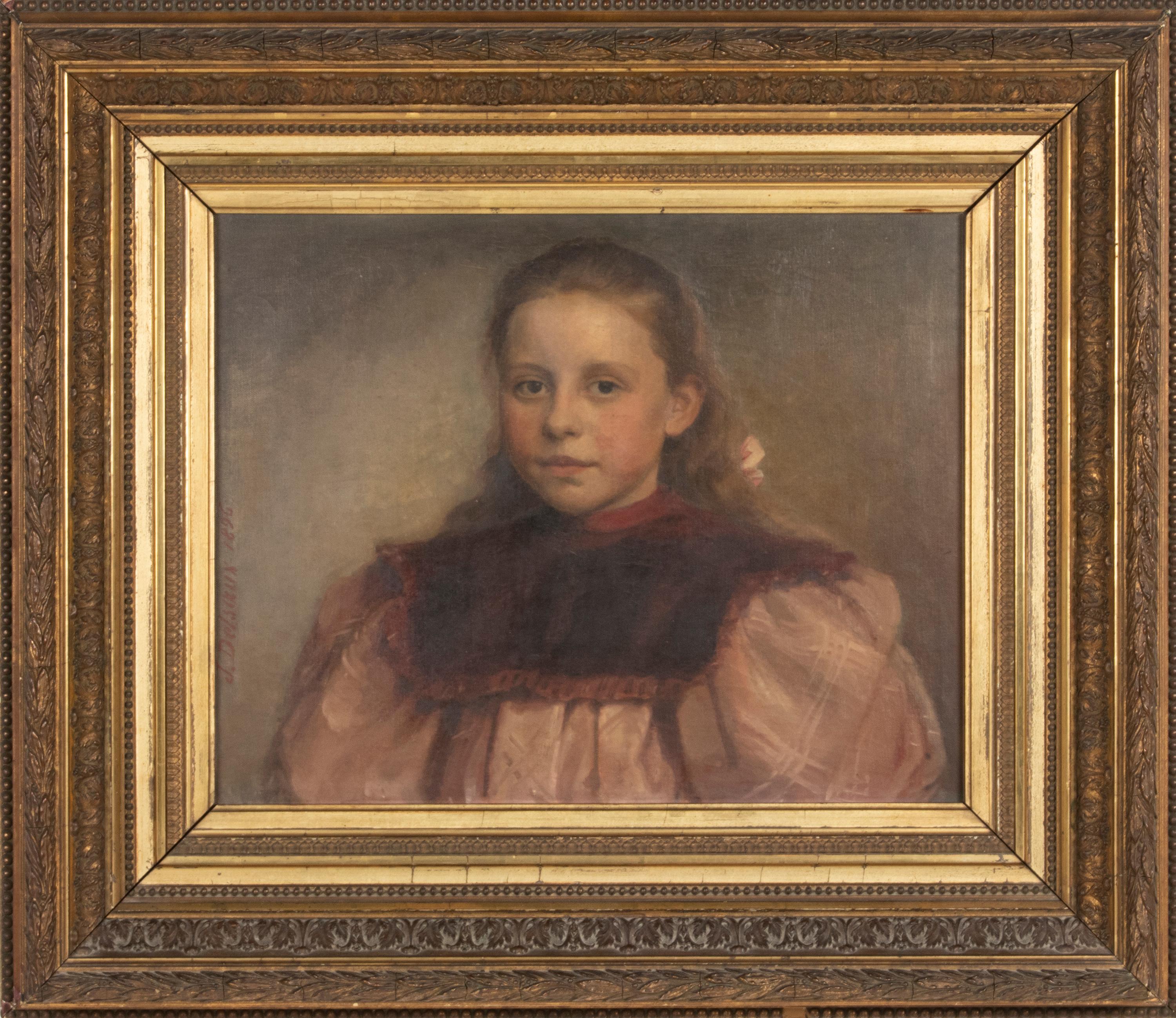 Jeremie DELSAUX. Glain, Belgien 1852 - Lüttich 1927.
Ein antikes Ölgemälde auf Leinwand, das Porträt eines jungen Mädchens mit einem Haarbogen. Es wurde von Jeremie DELSAUX gemalt und auf 1896 datiert. Öl auf Leinwand. In einem Holzrahmen mit
