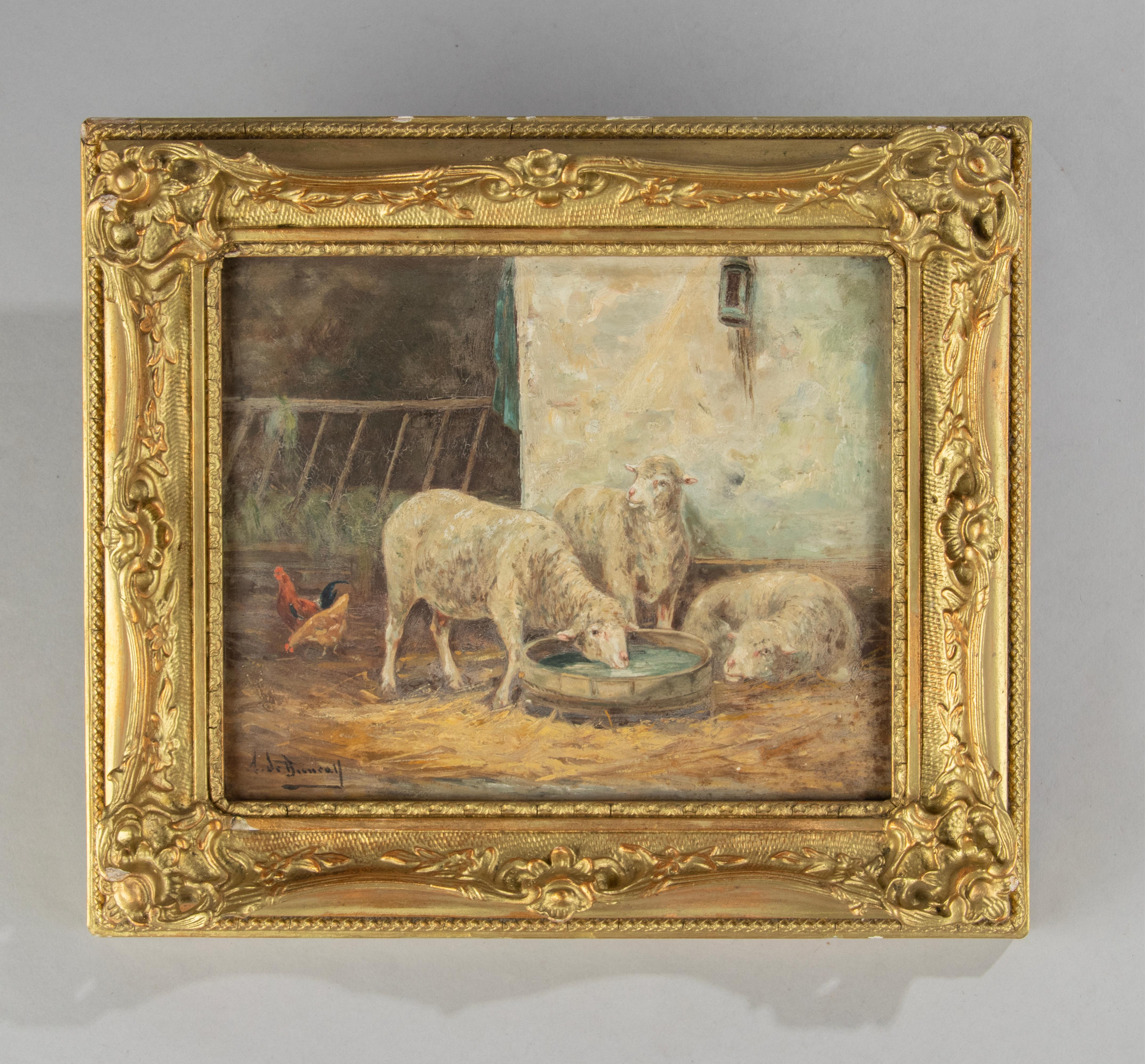 An antique oil painting on a wooden panel. Depicting three sheep in a barn. The painting is signed, but the signature is illegible (A. de Benau?) The frame is made of cold gilded gesso on a wooden base.

Dimensions frame: 32 x 37 cm
Dimensions