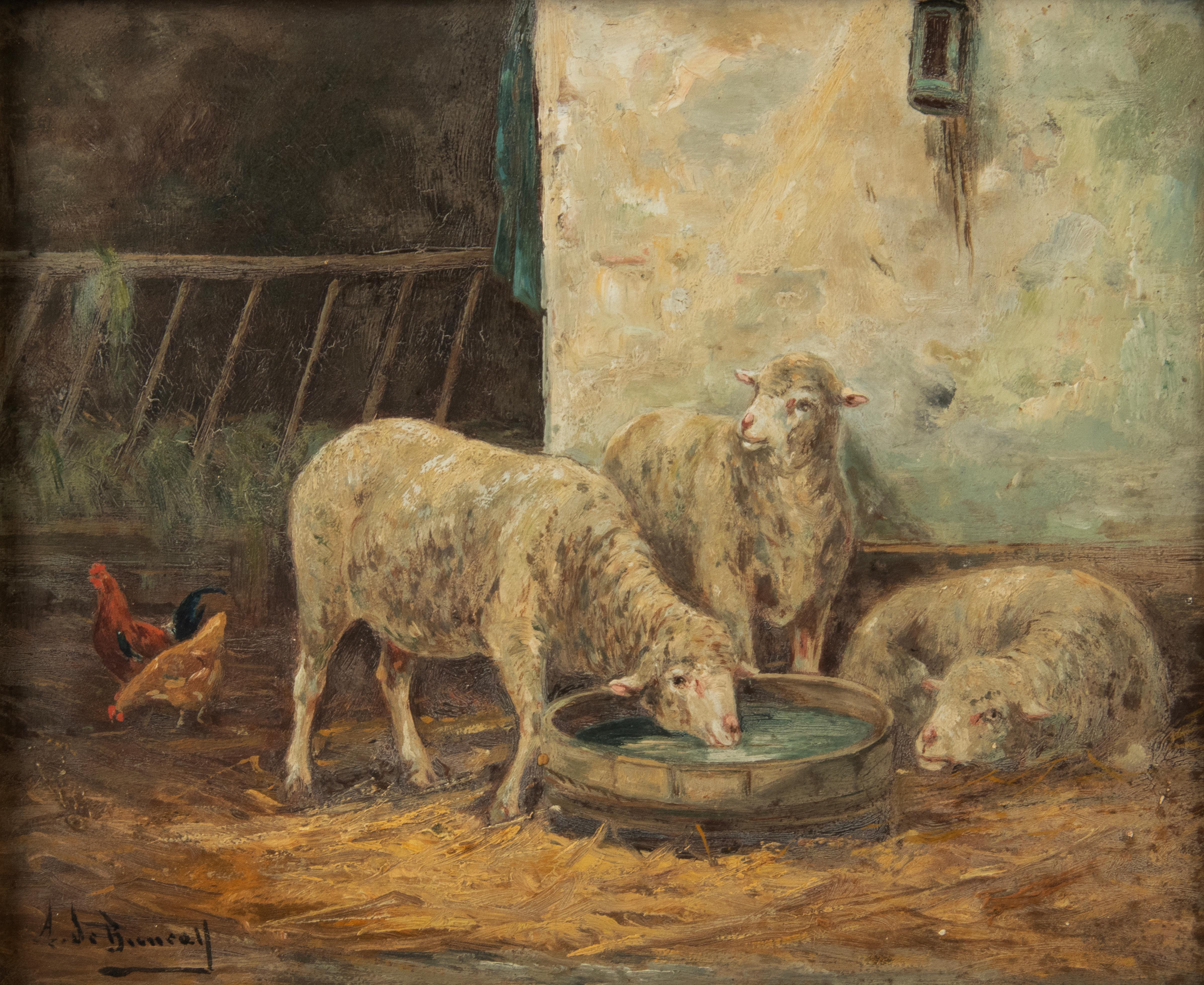 Belle Époque Late 19th Century Oil Painting Sheep in a Barn