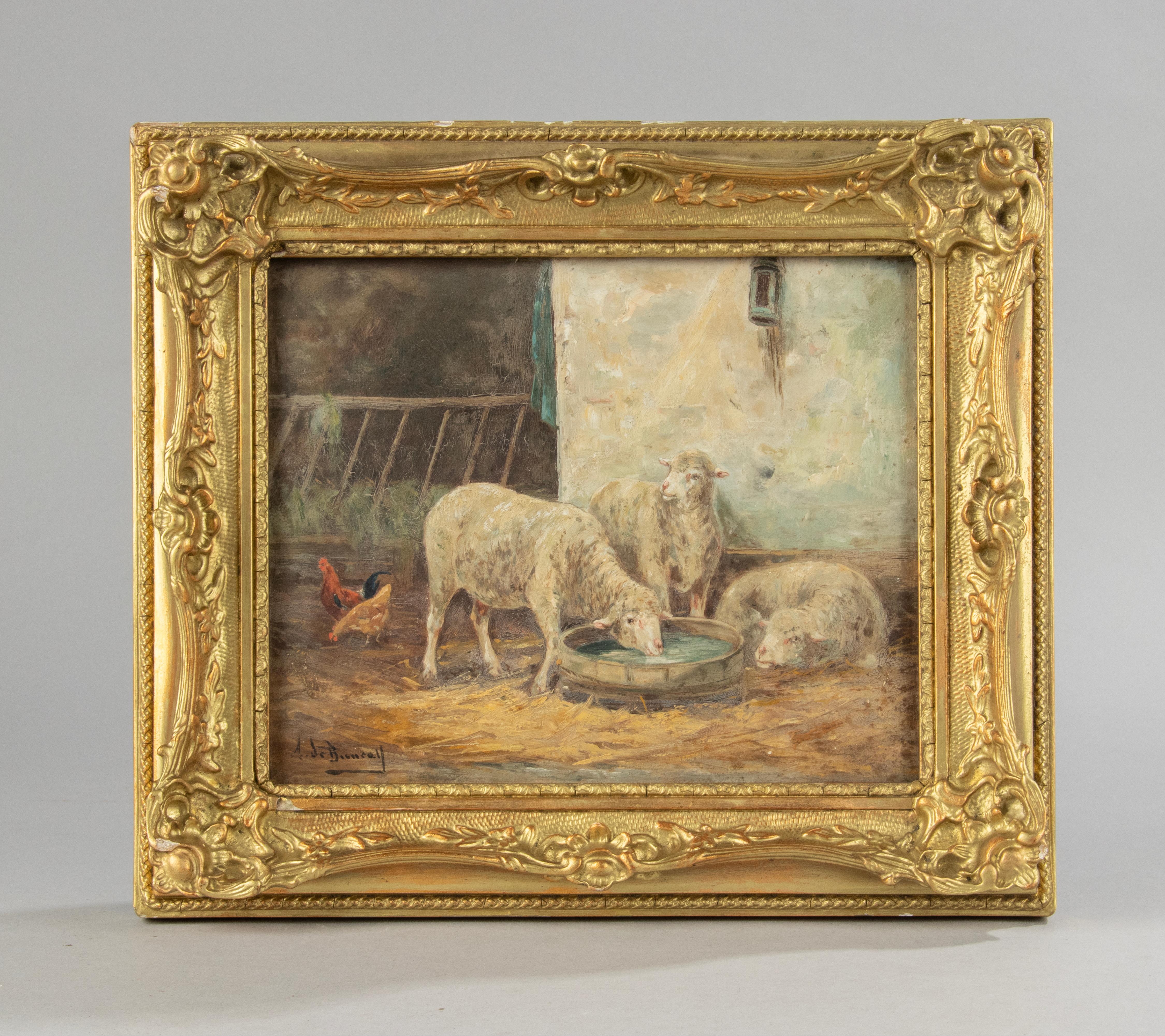 French Late 19th Century Oil Painting Sheep in a Barn