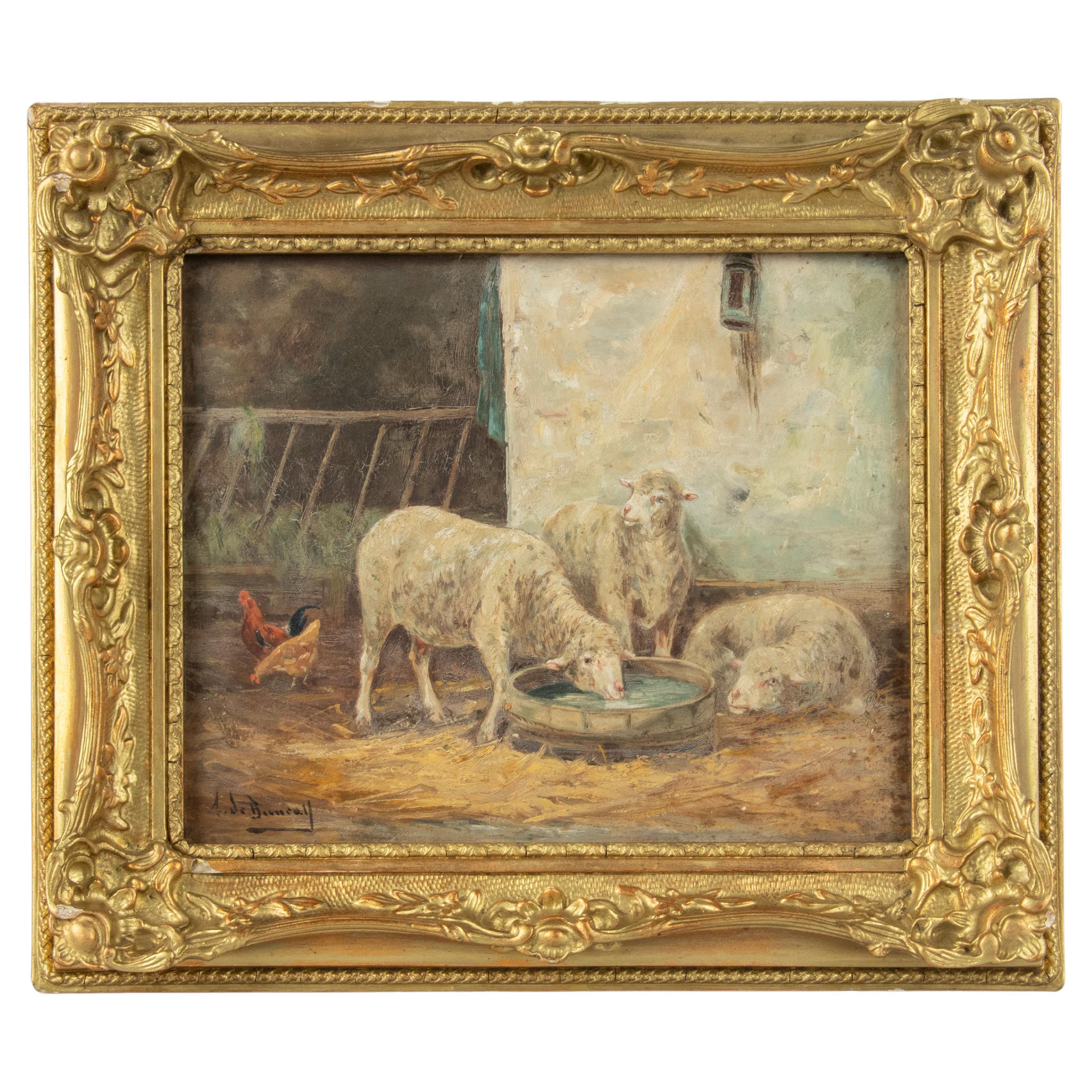 Late 19th Century Oil Painting Sheep in a Barn