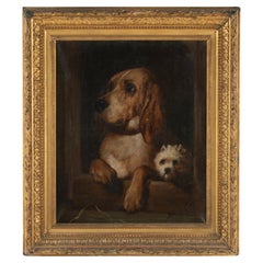 Late 19th Century Oil Painting Spaniel and Terrier in Dog House - Monogrammed