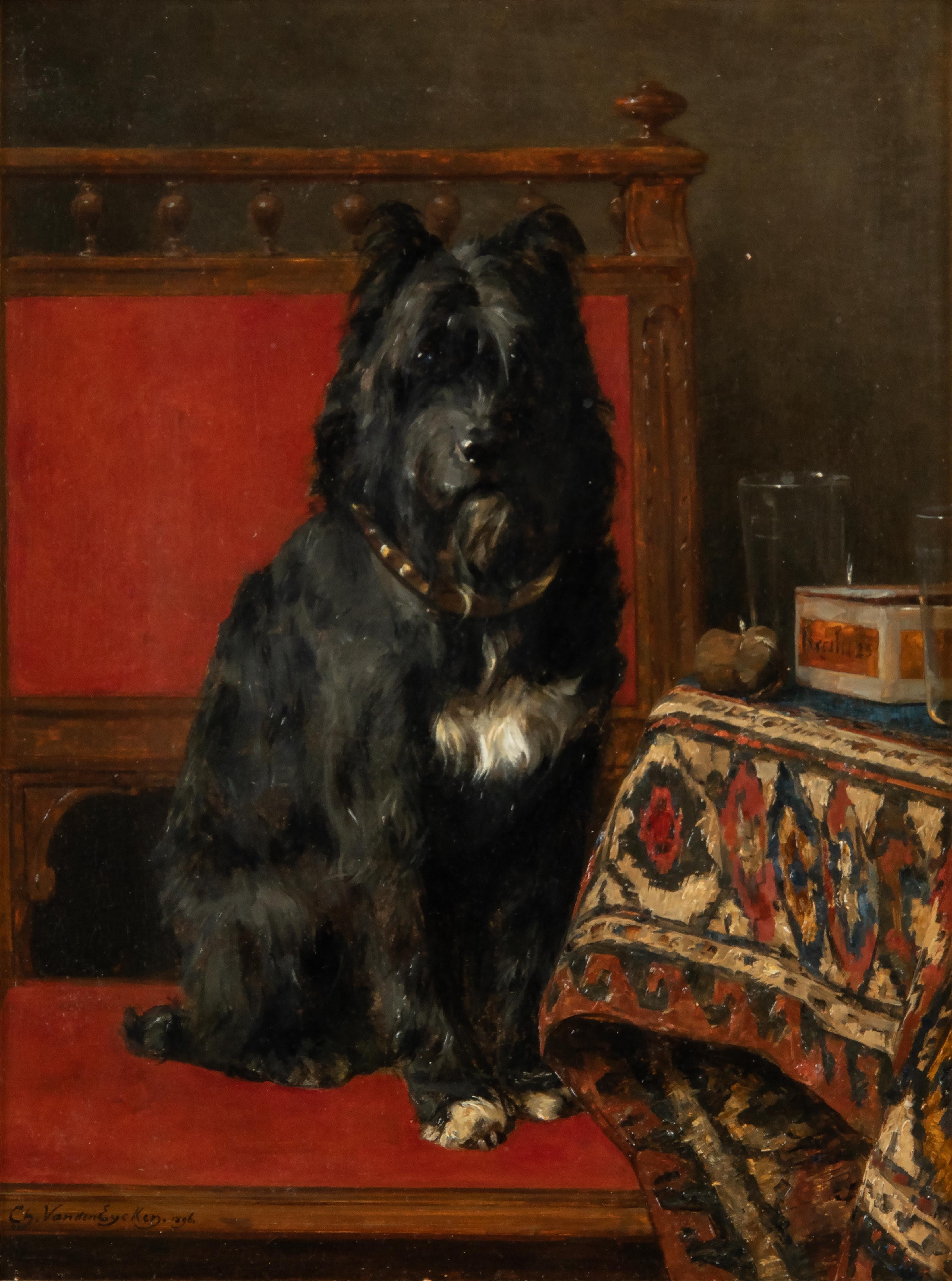 An antique painting of a (probably) black terrier on a chair. It is signed and dated lower left, Charles Van Den Eycken, 1896. It is painted on a wooden panel. In the original gilded frame. With a brass tag with the text 