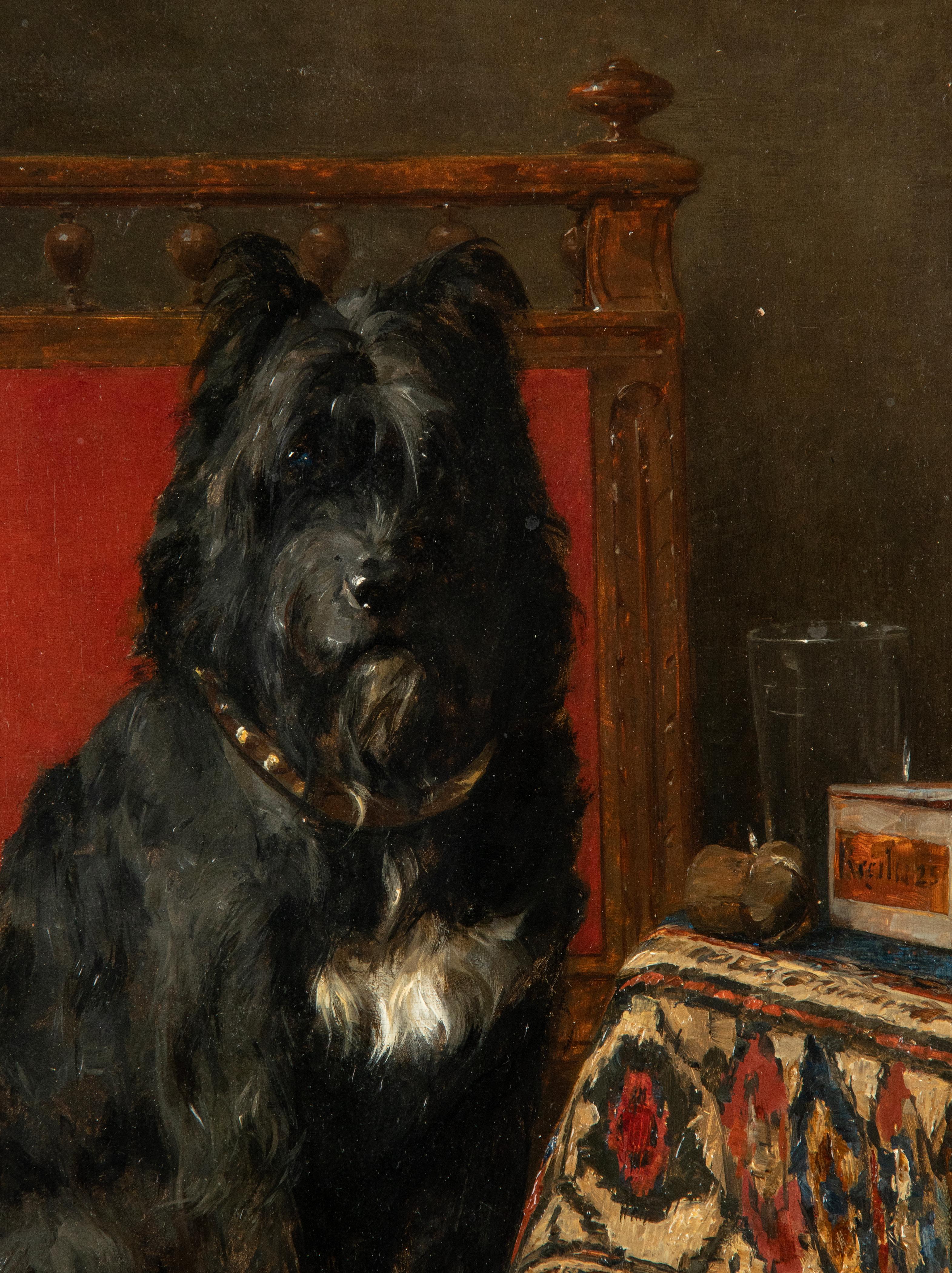 Belle Époque Late 19th Century Oil Painting Terrier Dog Portrait by Charles II Van Den Eycken For Sale