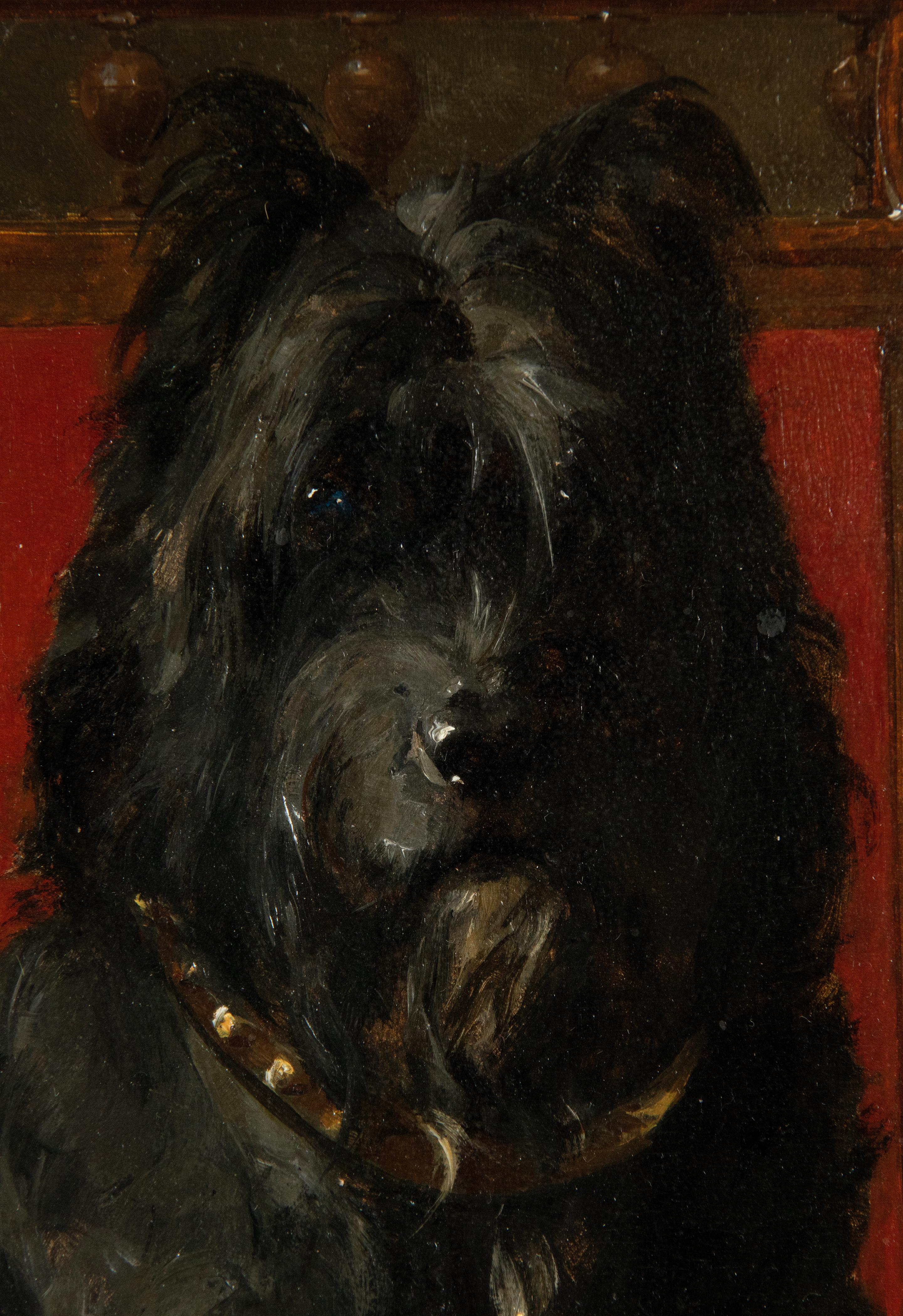 Hand-Painted Late 19th Century Oil Painting Terrier Dog Portrait by Charles II Van Den Eycken For Sale
