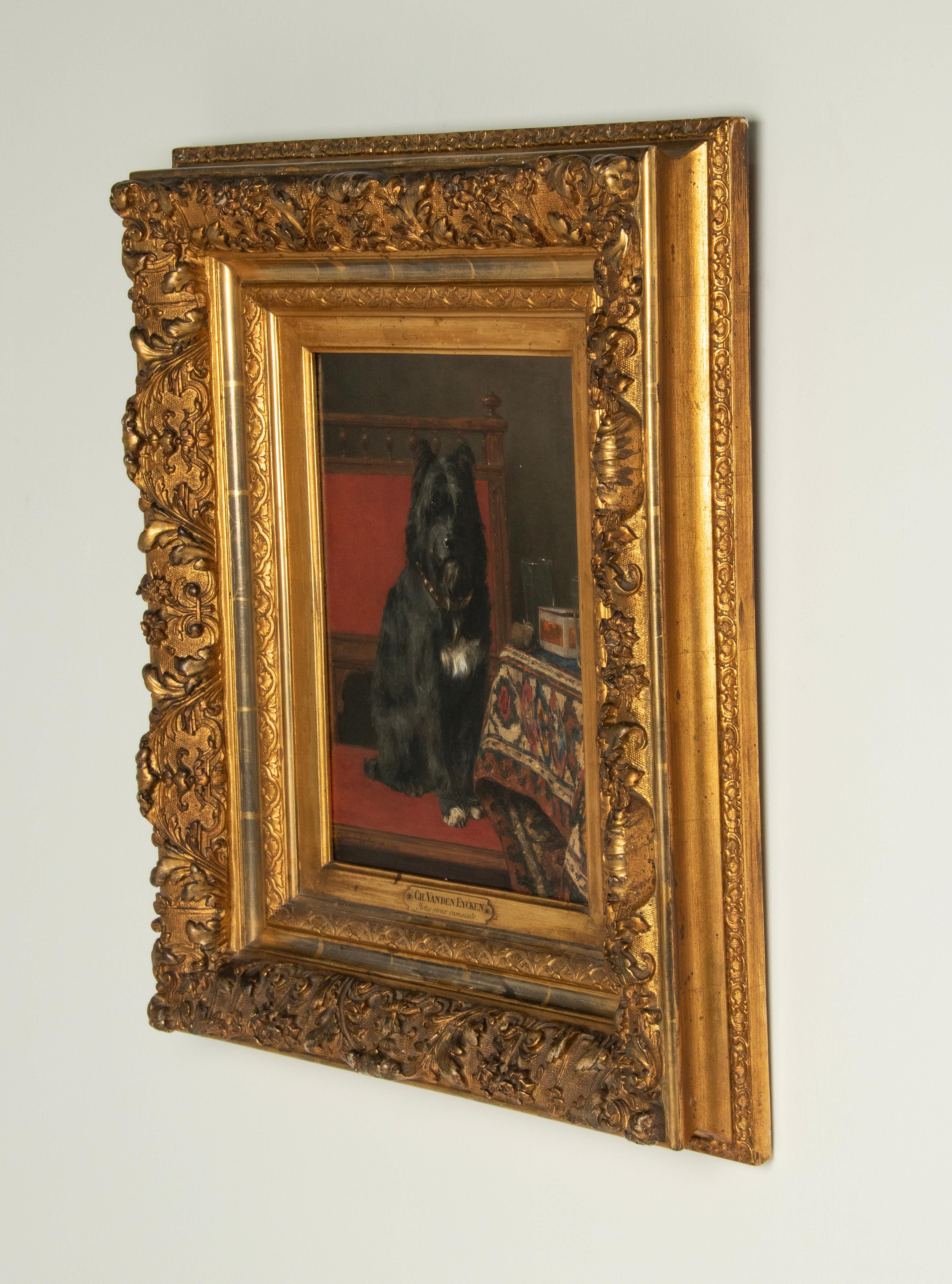 Gesso Late 19th Century Oil Painting Terrier Dog Portrait by Charles II Van Den Eycken For Sale