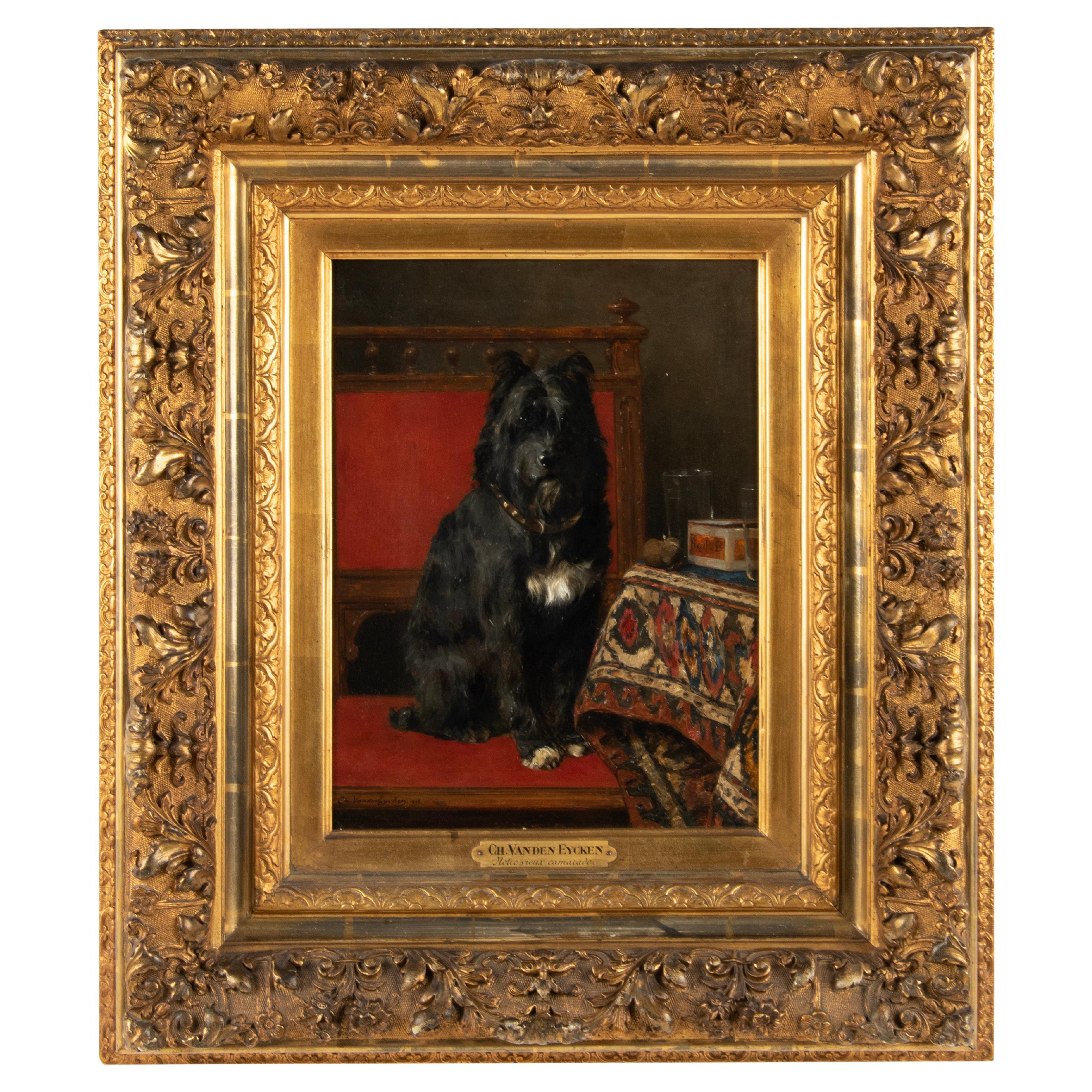 Late 19th Century Oil Painting Terrier Dog Portrait by Charles II Van Den Eycken For Sale