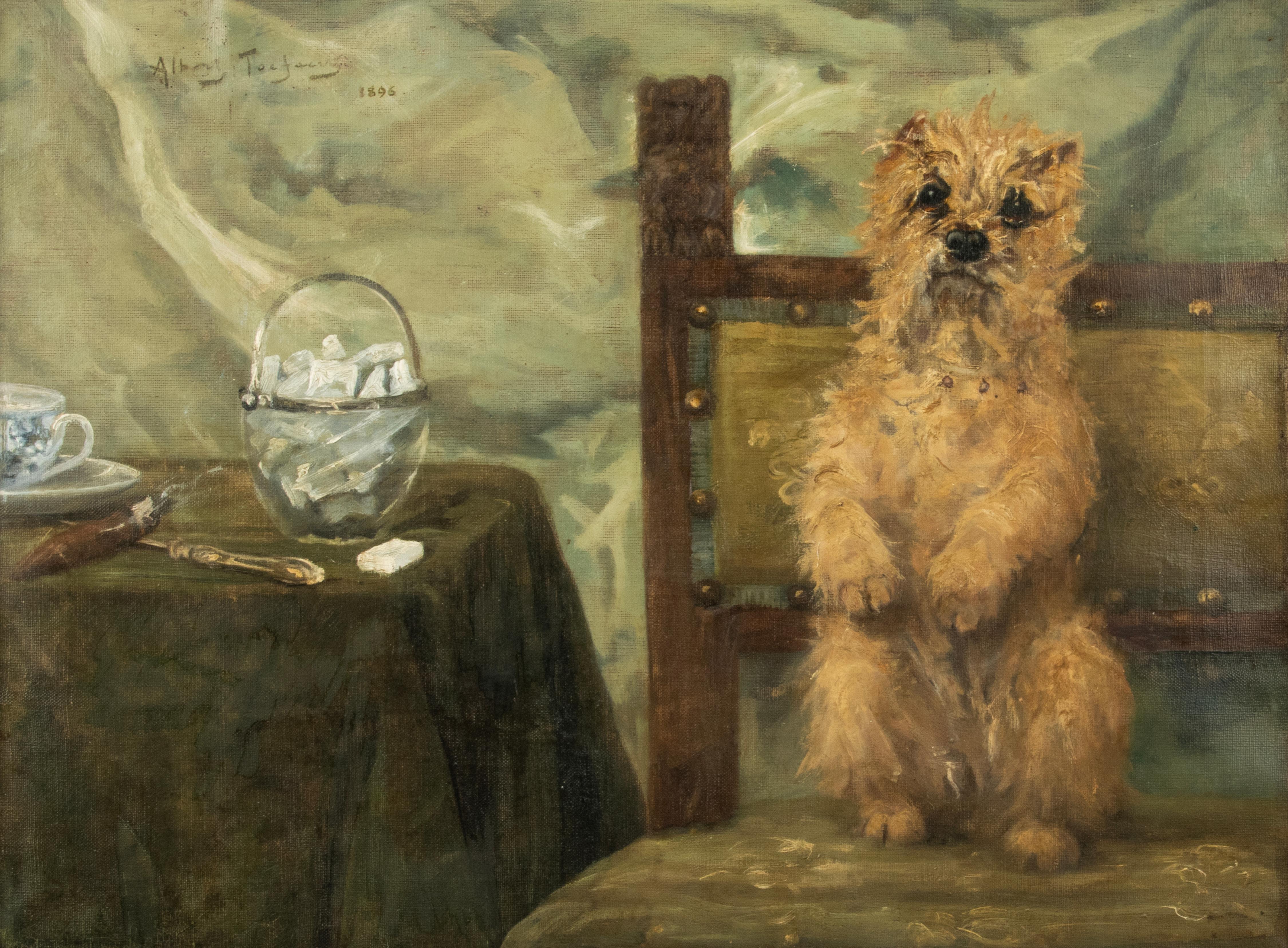 An antique oil painting with a (Cairn?) terrier sitting on a chair. Beautifully painted with contrast of darkness and light capturing the details and textures of the dogs fur. The dog having to do a trick, with a sugar cube from the jar as a reward,